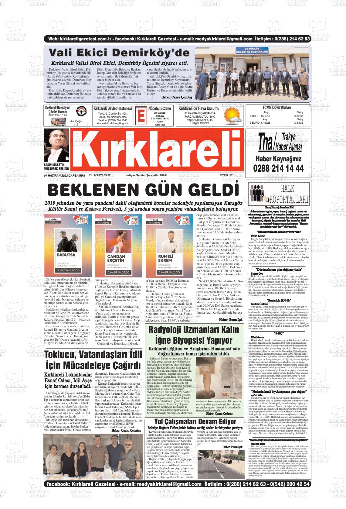 01 Haziran 2022 Kırklareli Gazete Manşeti