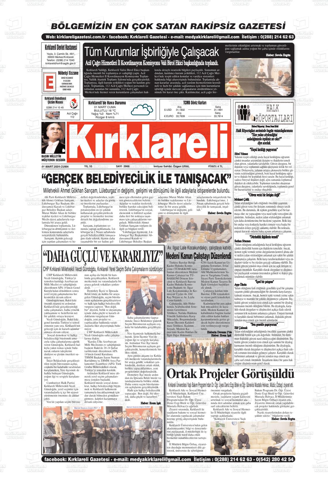 01 Mart 2024 Kırklareli Gazete Manşeti