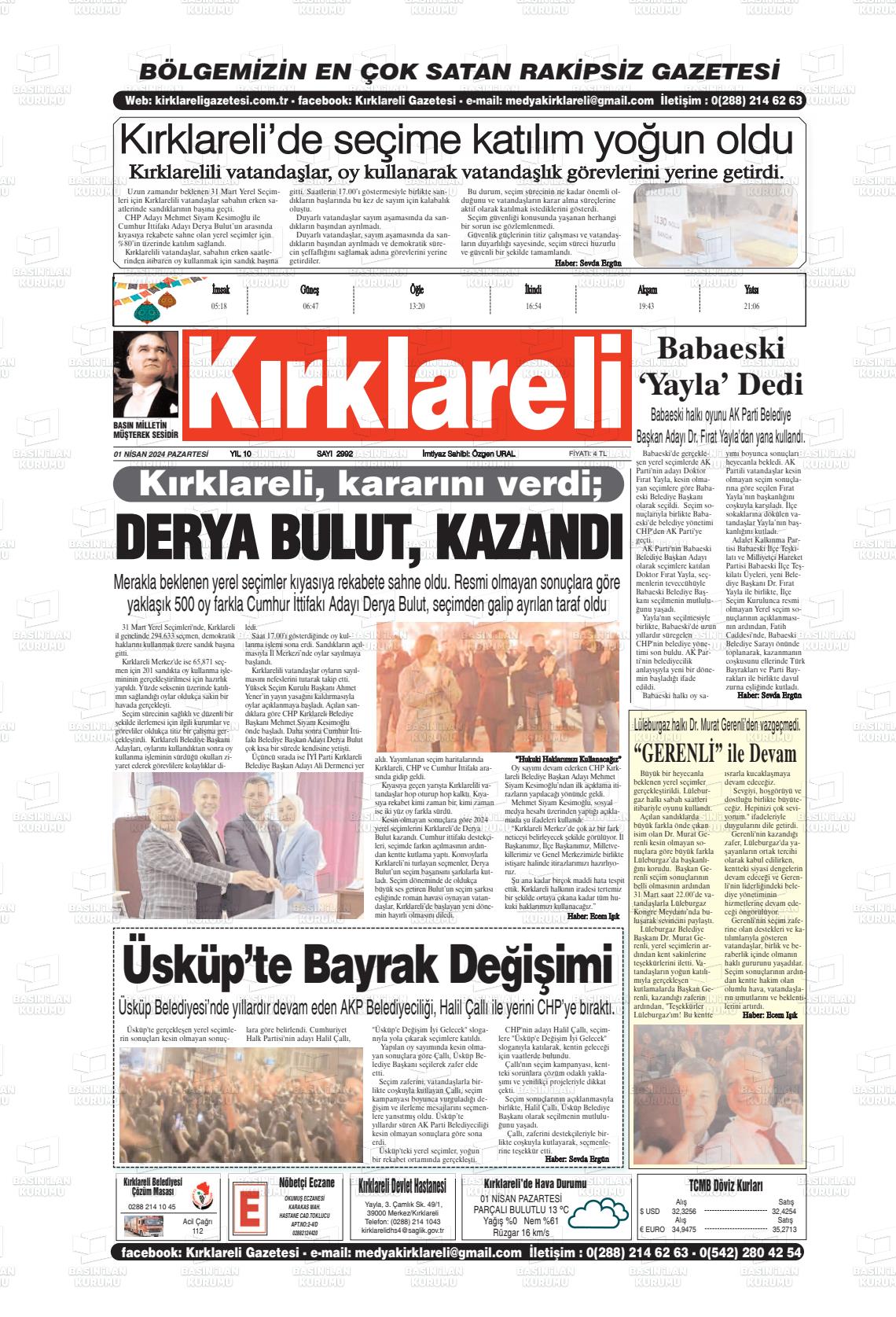 01 Nisan 2024 Kırklareli Gazete Manşeti