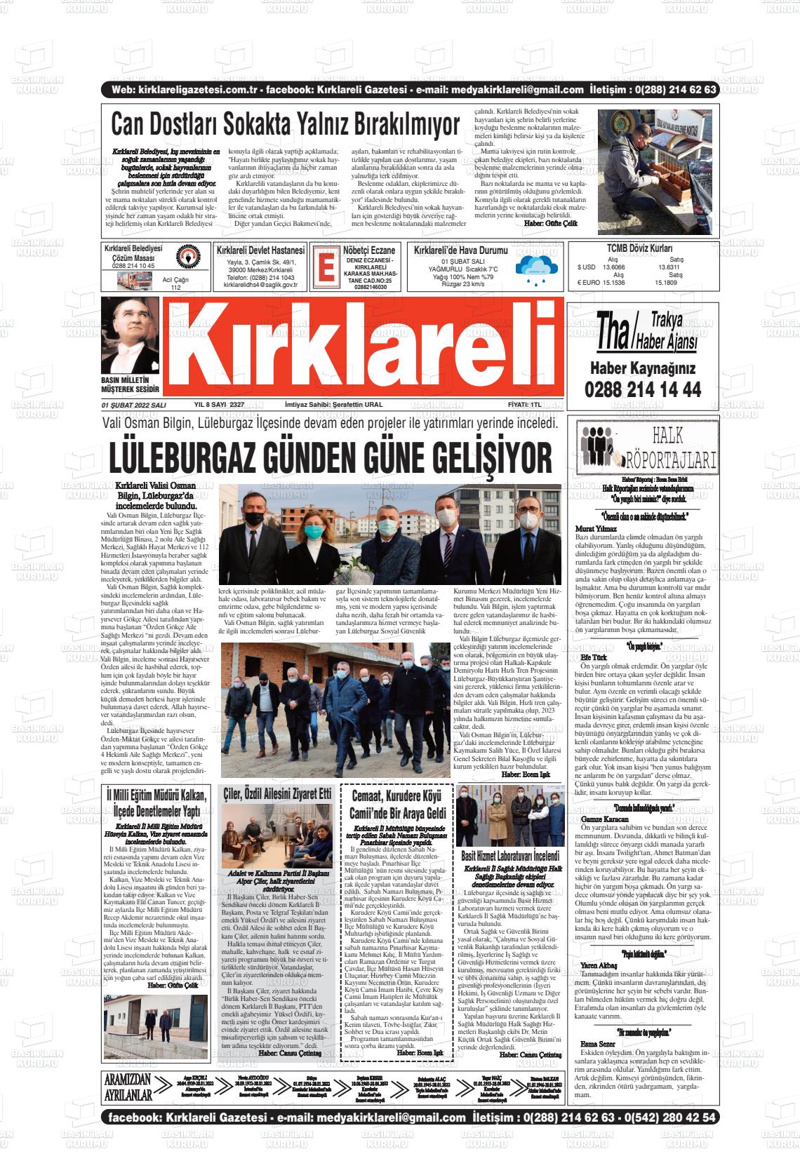 01 Şubat 2022 Kırklareli Gazete Manşeti