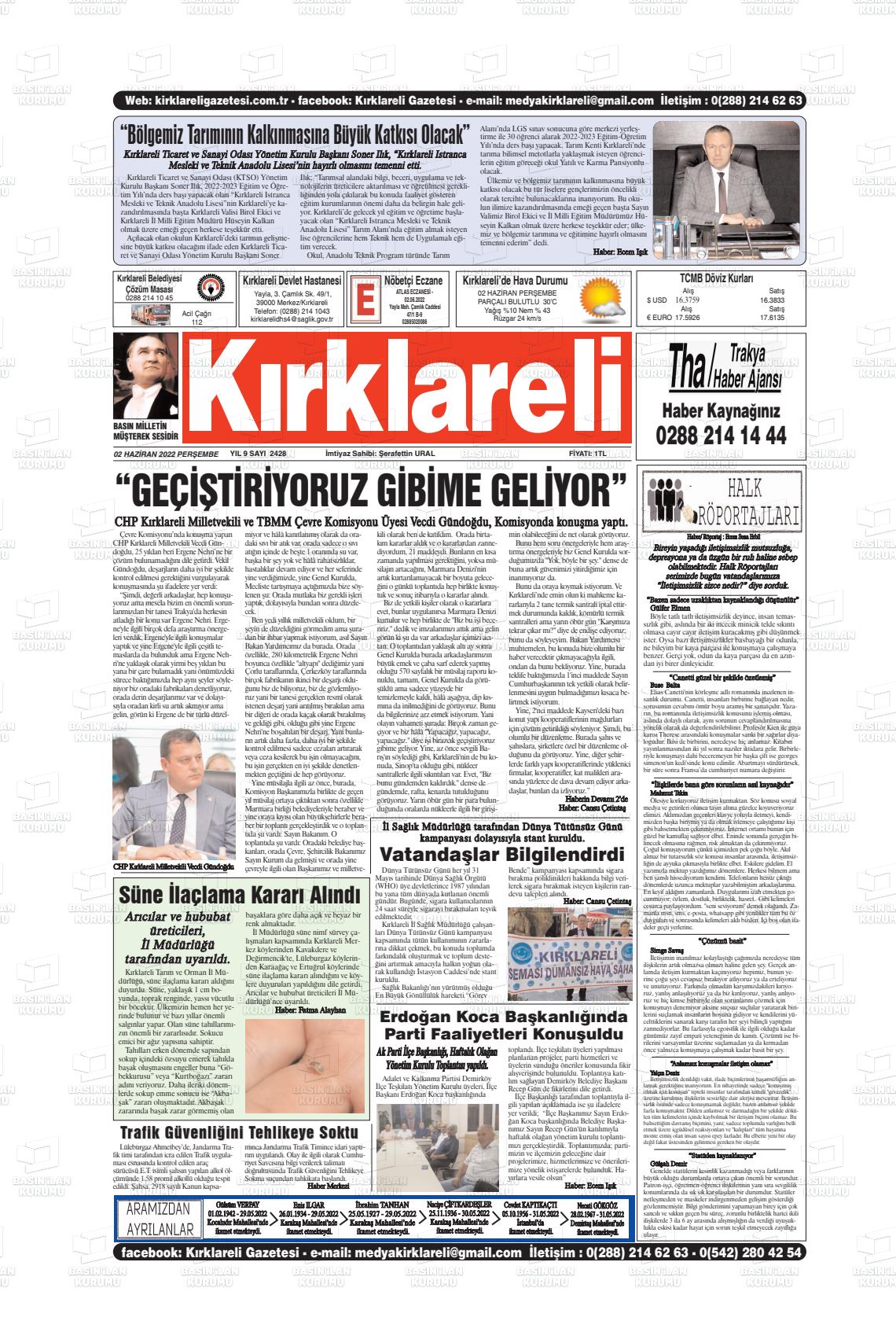 02 Haziran 2022 Kırklareli Gazete Manşeti