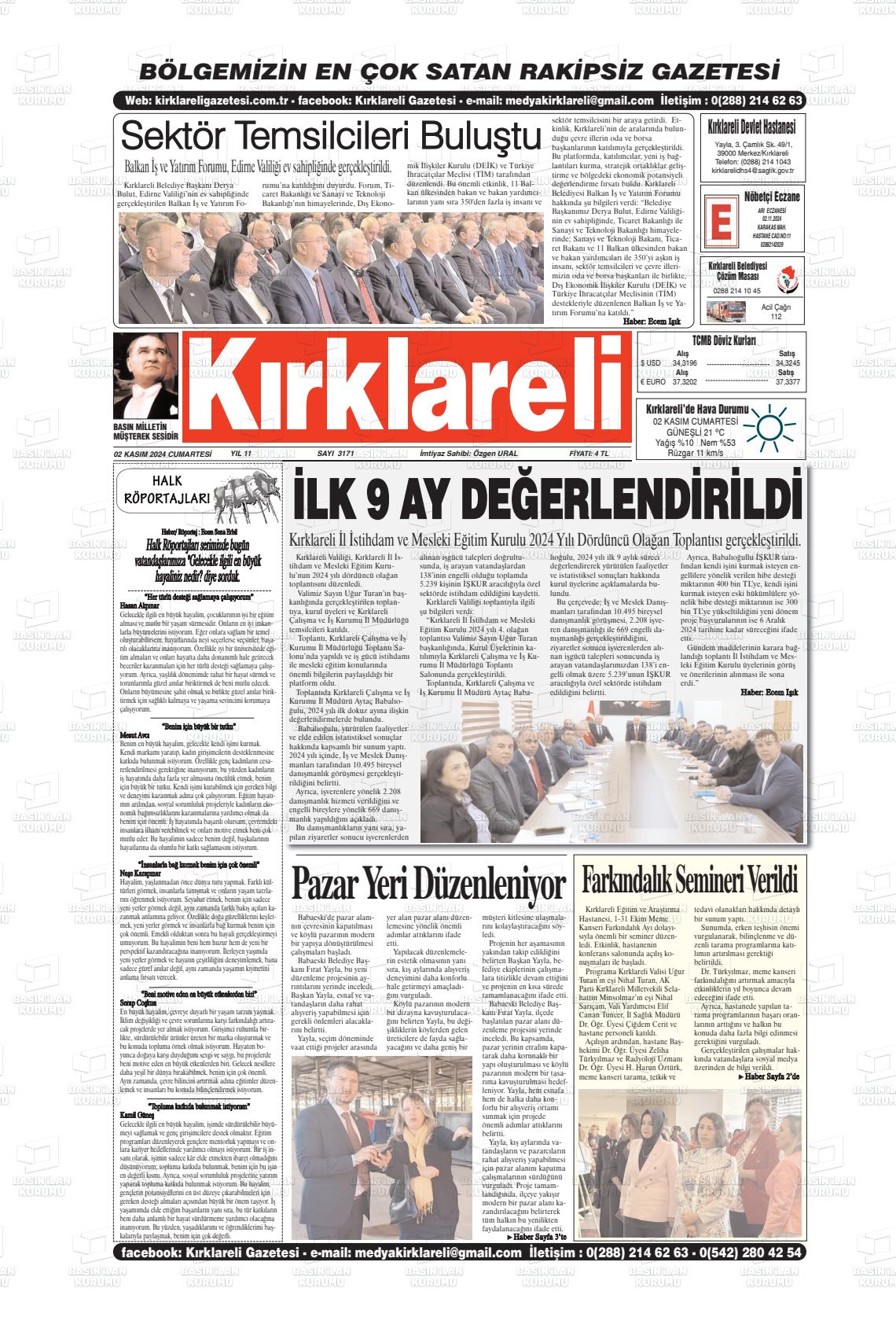 02 Kasım 2024 Kırklareli Gazete Manşeti