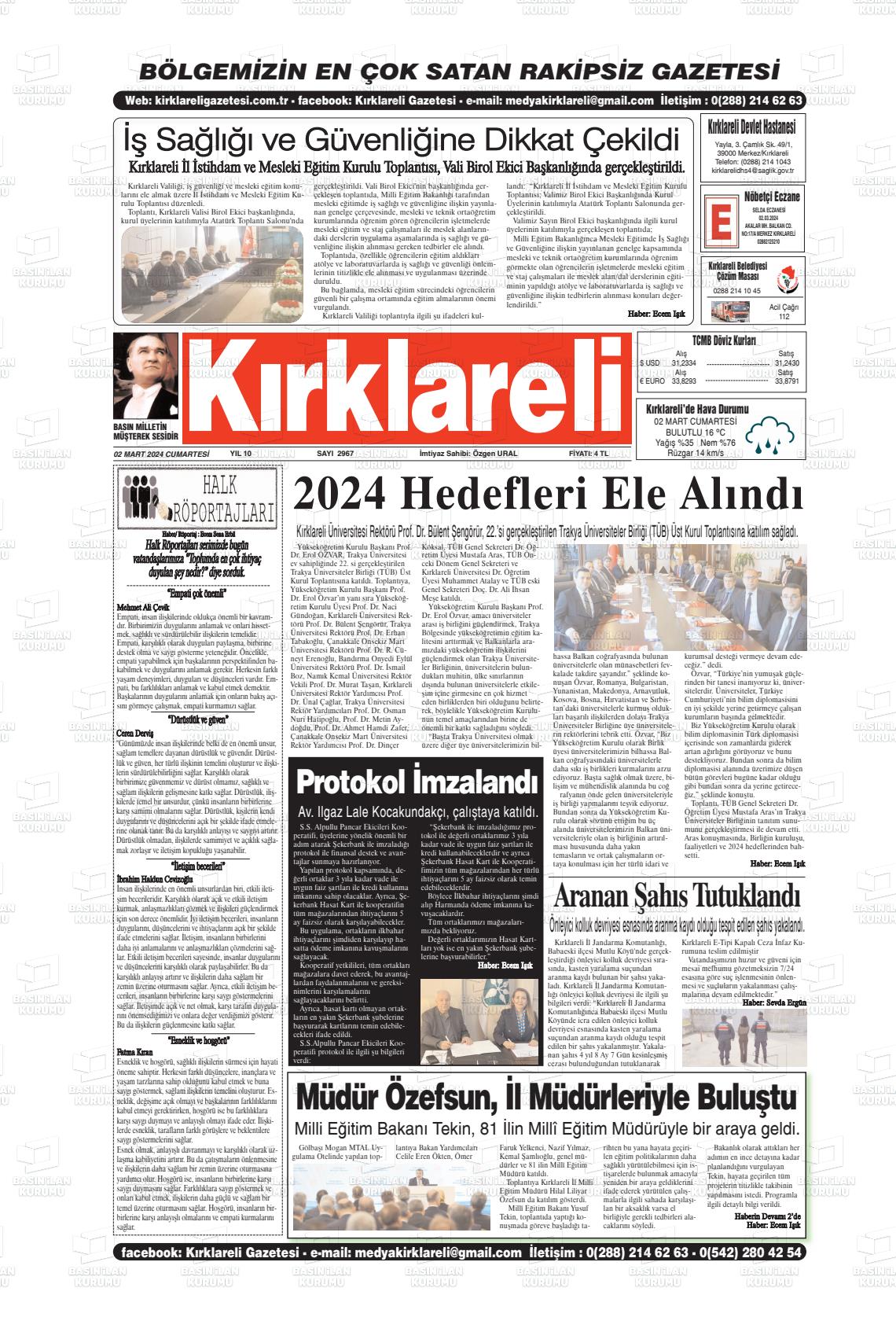 02 Mart 2024 Kırklareli Gazete Manşeti