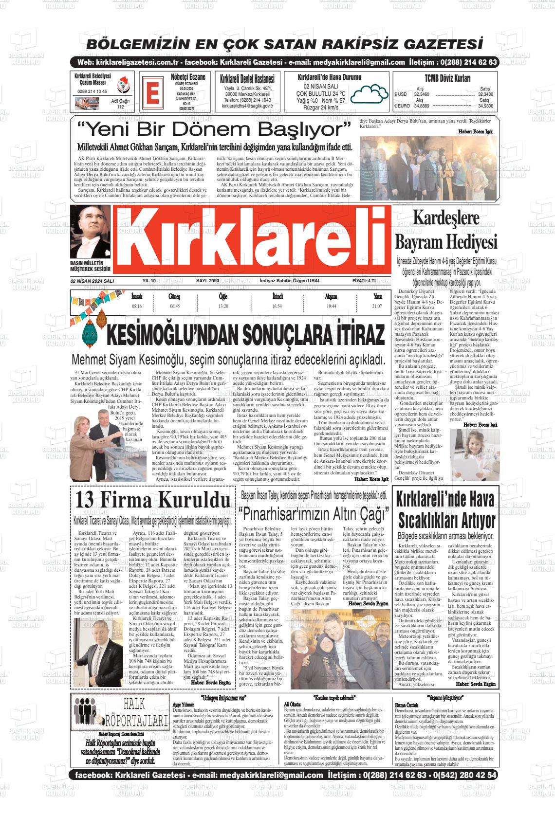 02 Nisan 2024 Kırklareli Gazete Manşeti