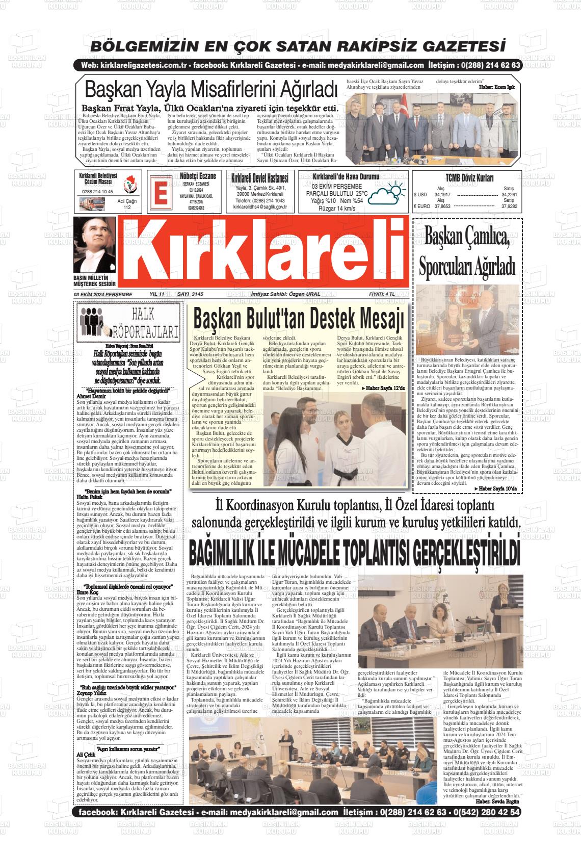 03 Ekim 2024 Kırklareli Gazete Manşeti