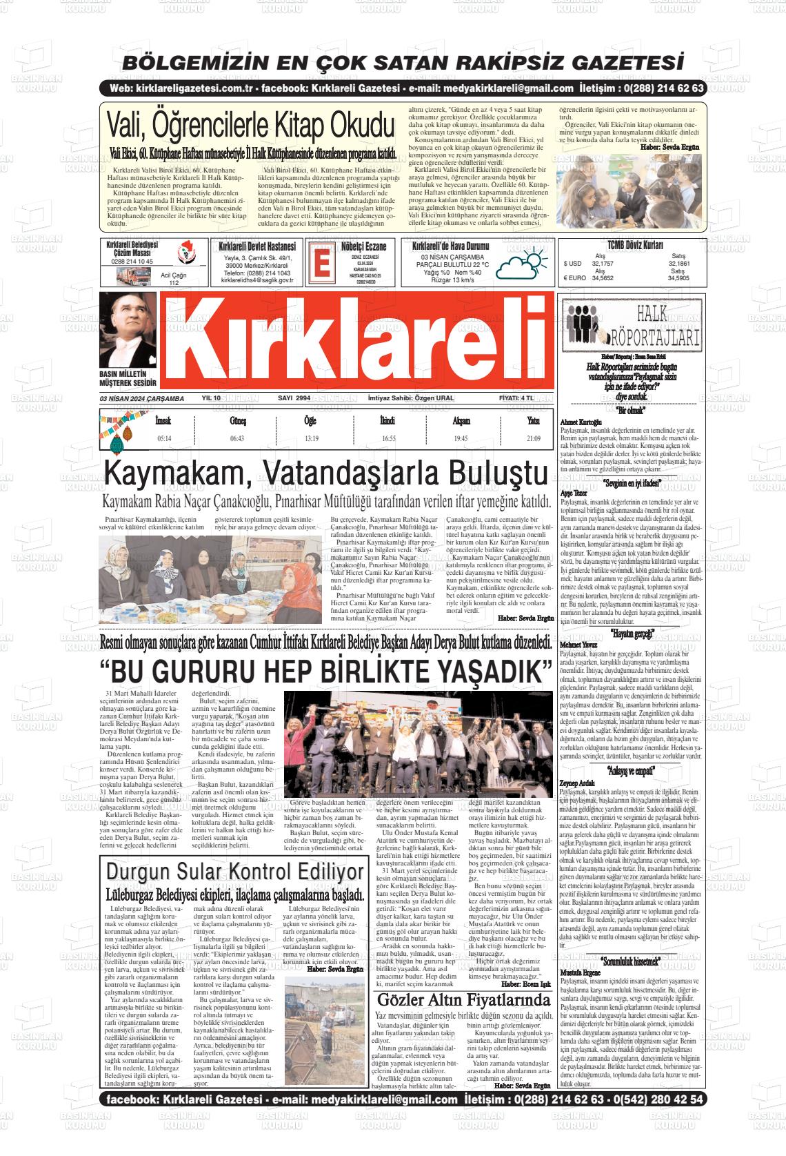 03 Nisan 2024 Kırklareli Gazete Manşeti