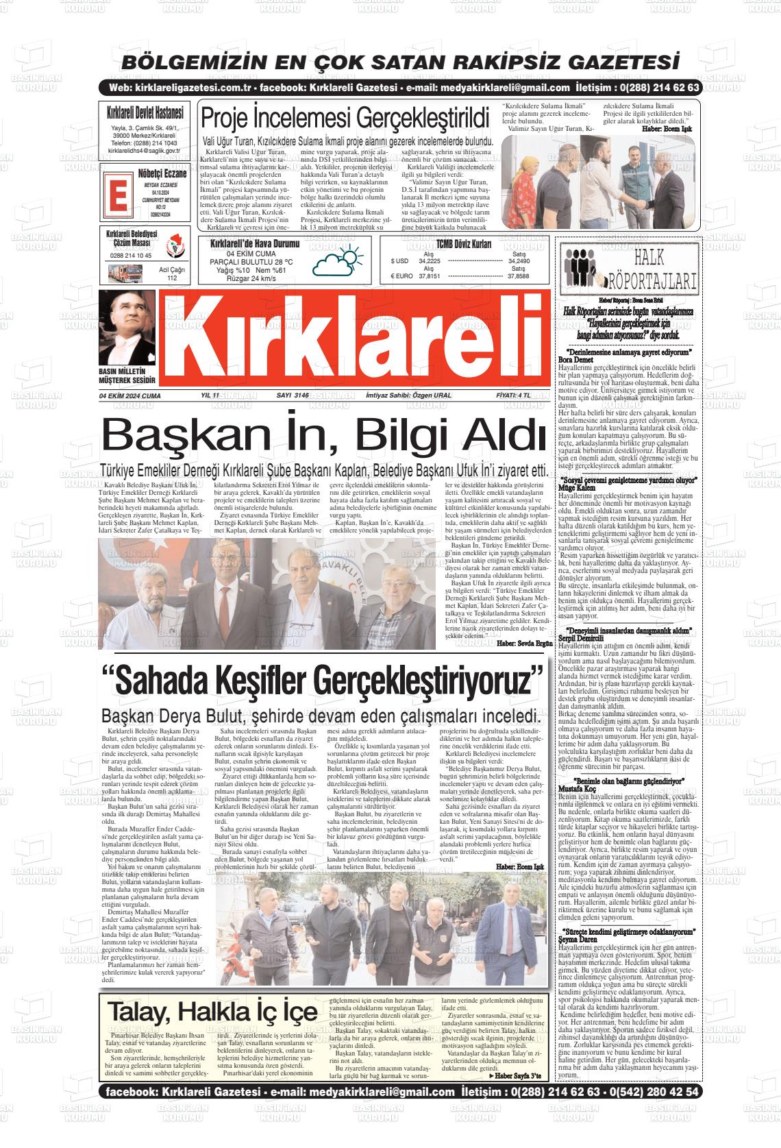 04 Ekim 2024 Kırklareli Gazete Manşeti