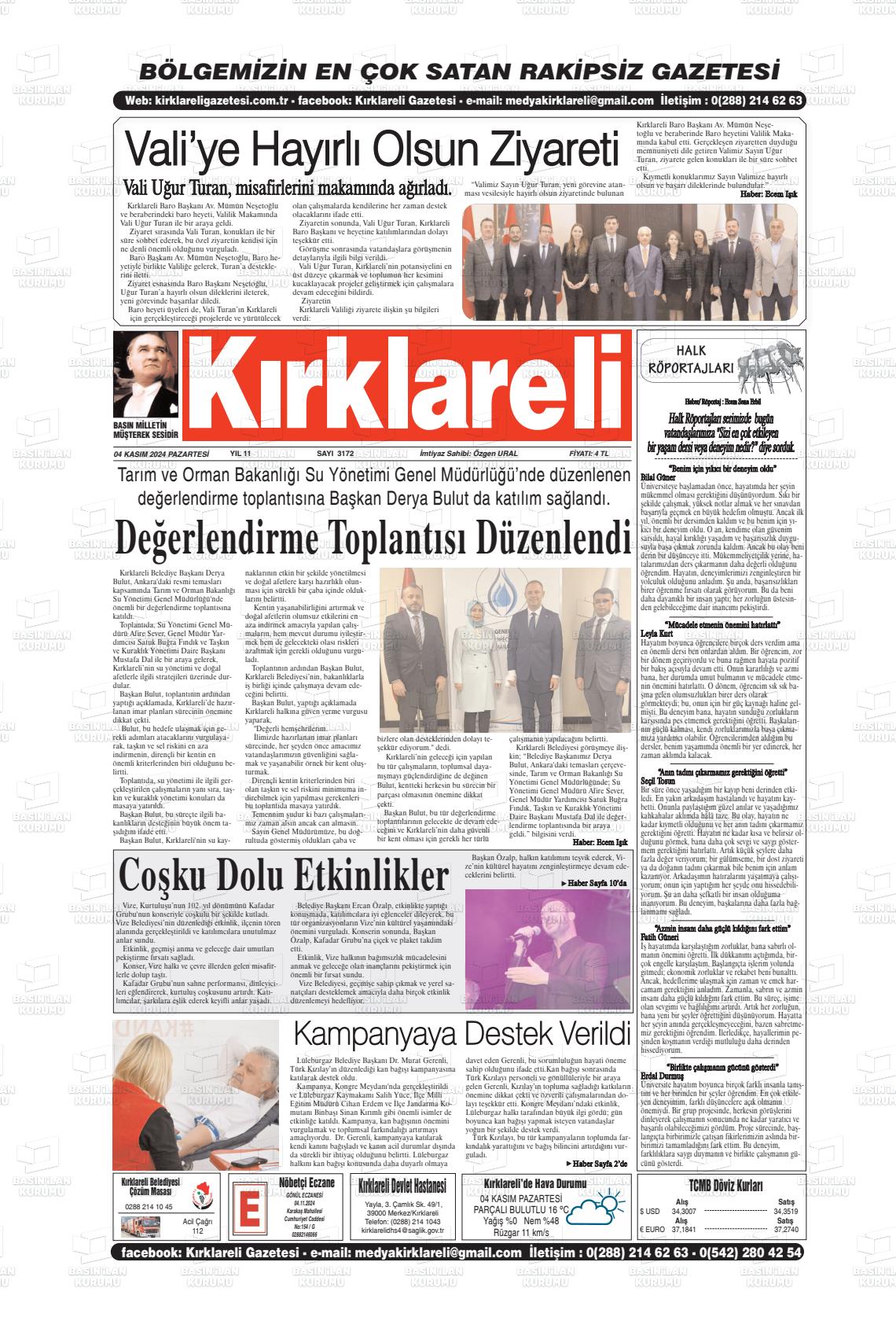 04 Kasım 2024 Kırklareli Gazete Manşeti