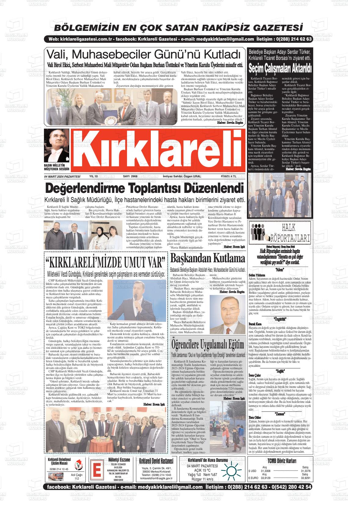 04 Mart 2024 Kırklareli Gazete Manşeti