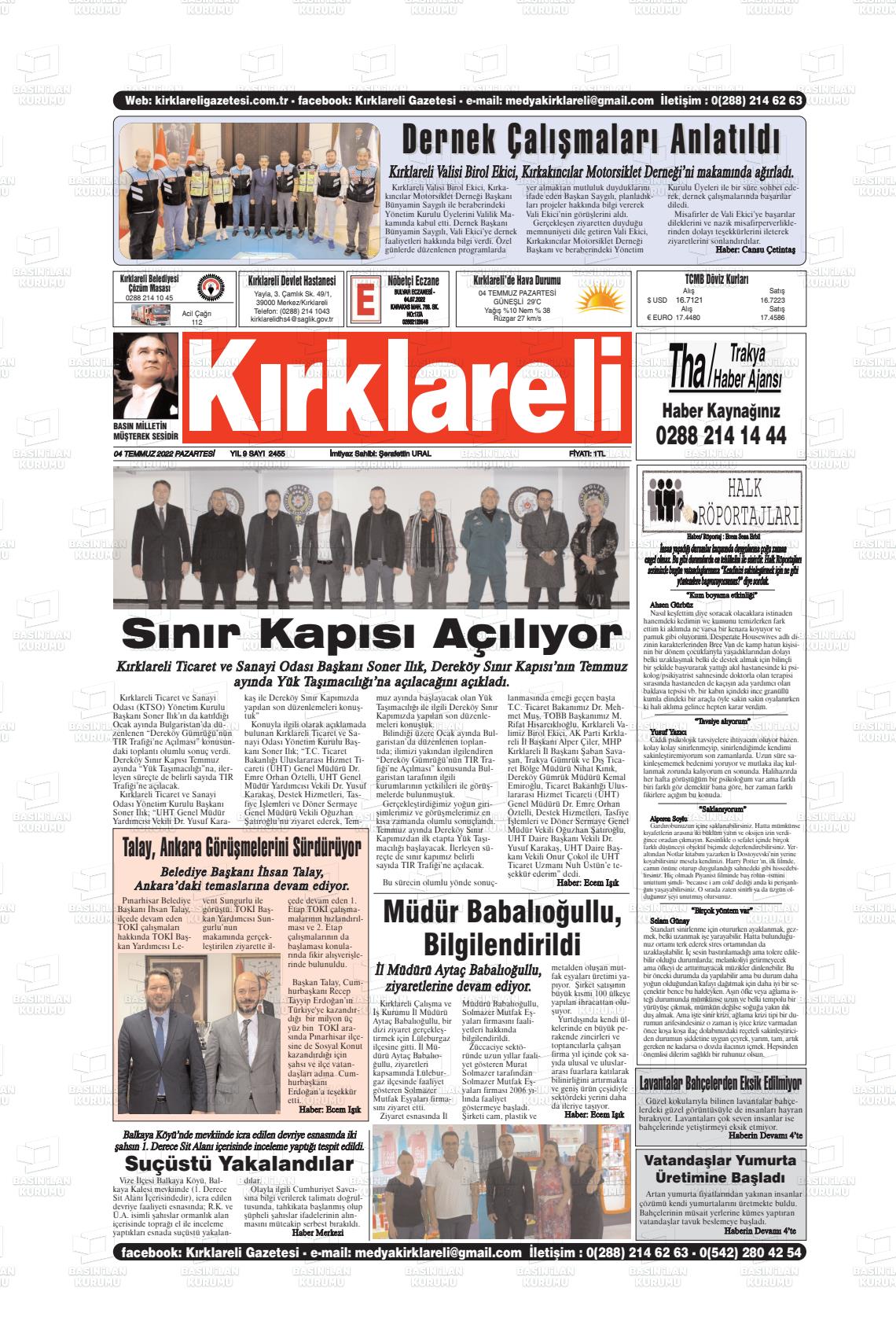 04 Temmuz 2022 Kırklareli Gazete Manşeti