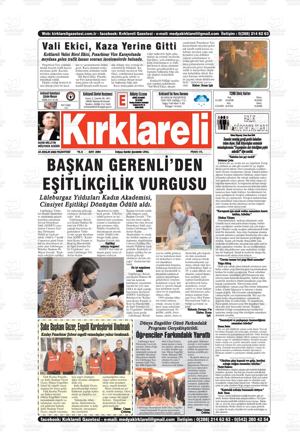 05 Aralık 2022 Kırklareli Gazete Manşeti