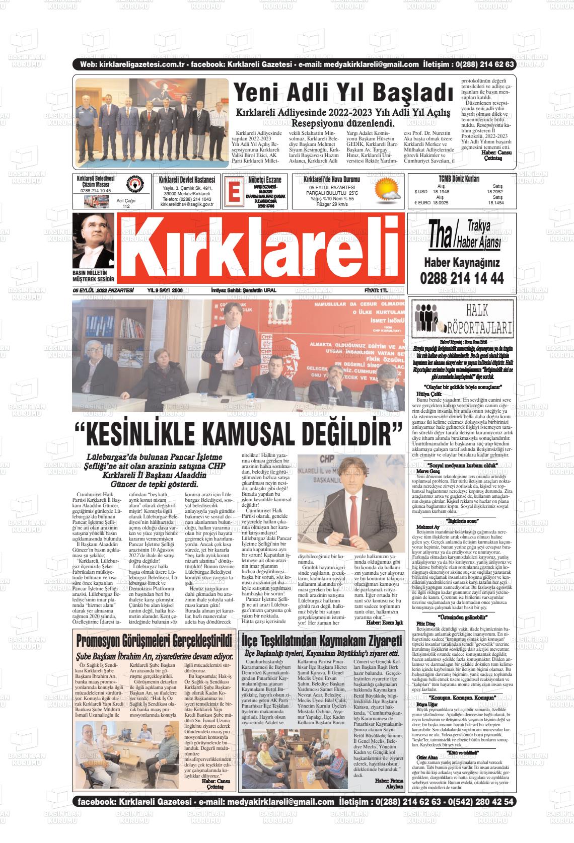 05 Eylül 2022 Kırklareli Gazete Manşeti