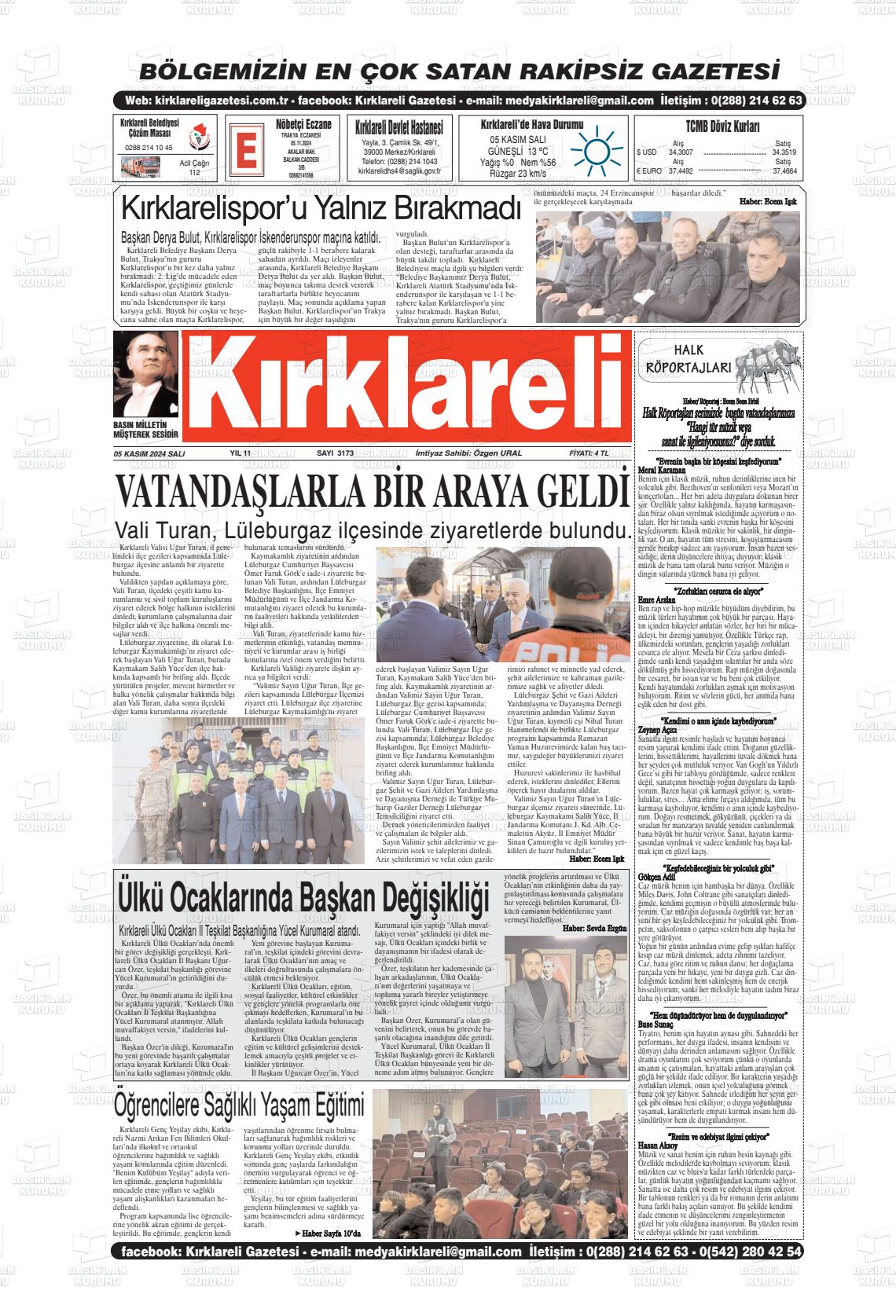 05 Kasım 2024 Kırklareli Gazete Manşeti