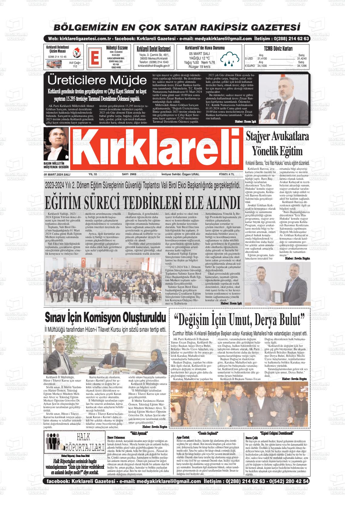 06 Mart 2024 Kırklareli Gazete Manşeti