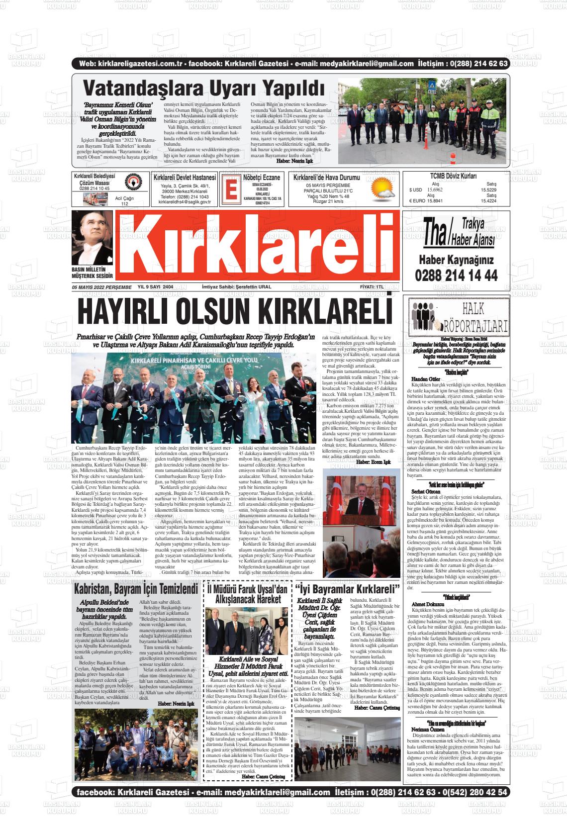 05 Mayıs 2022 Kırklareli Gazete Manşeti