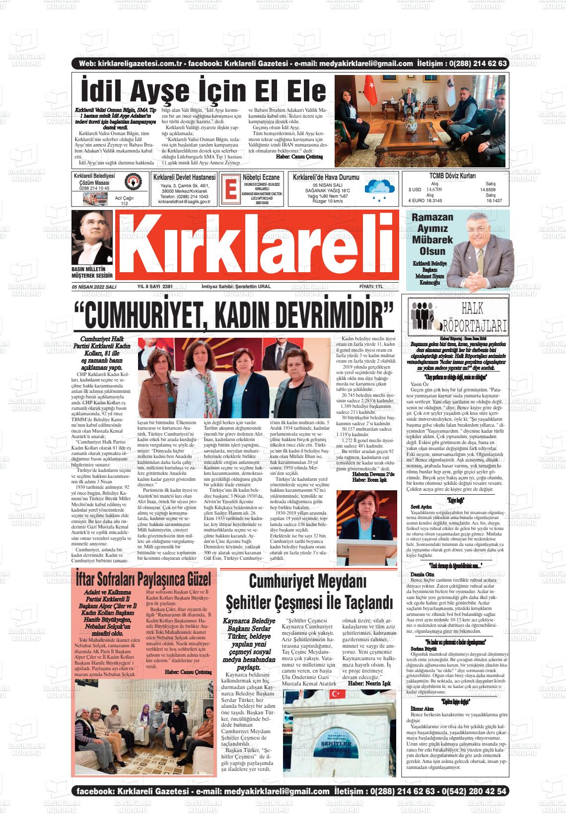 05 Nisan 2022 Kırklareli Gazete Manşeti