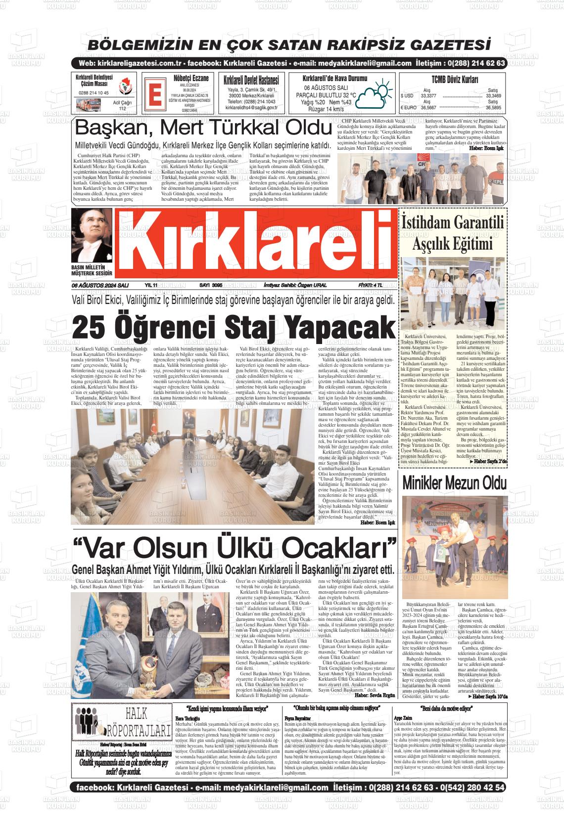 06 Ağustos 2024 Kırklareli Gazete Manşeti