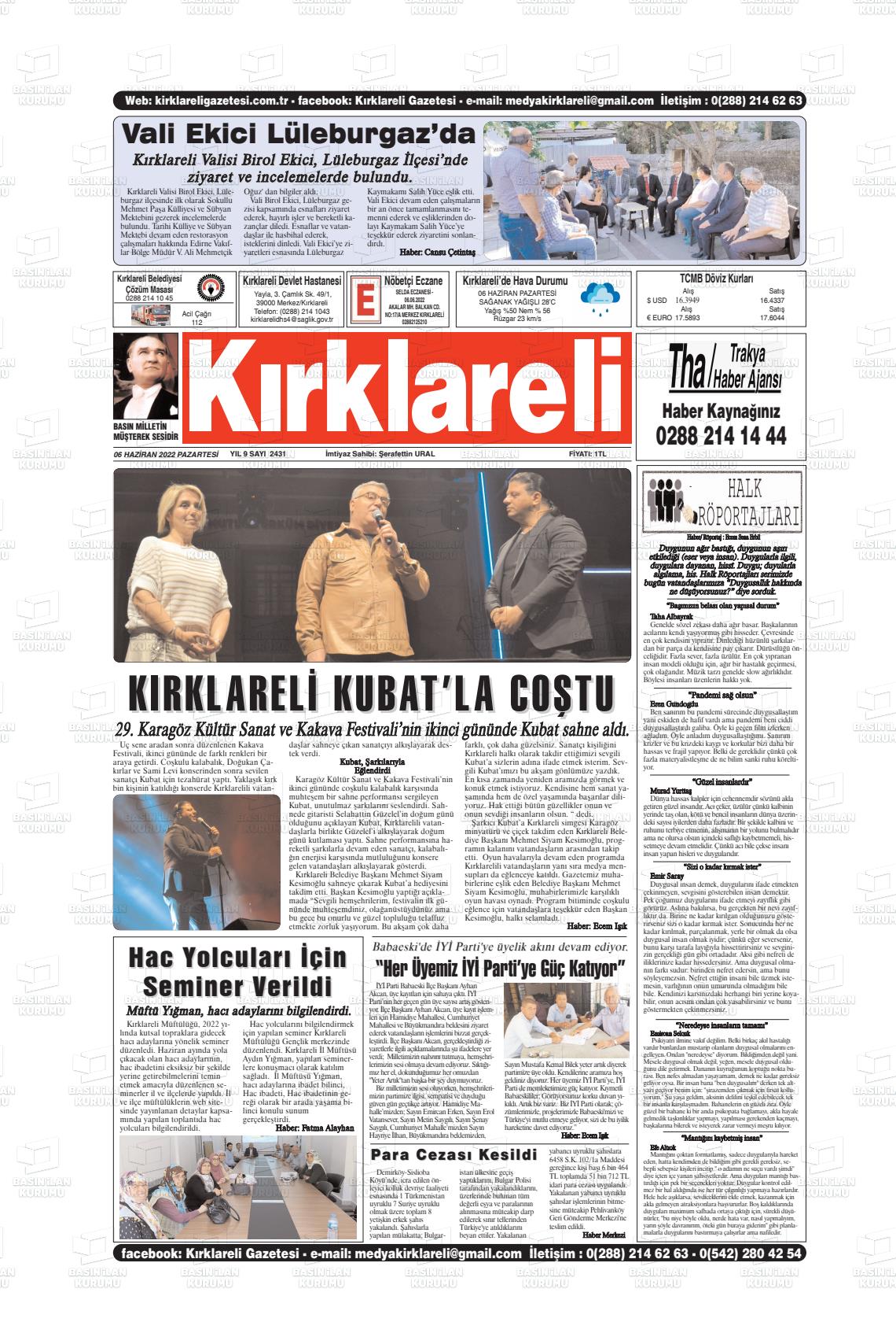 06 Haziran 2022 Kırklareli Gazete Manşeti