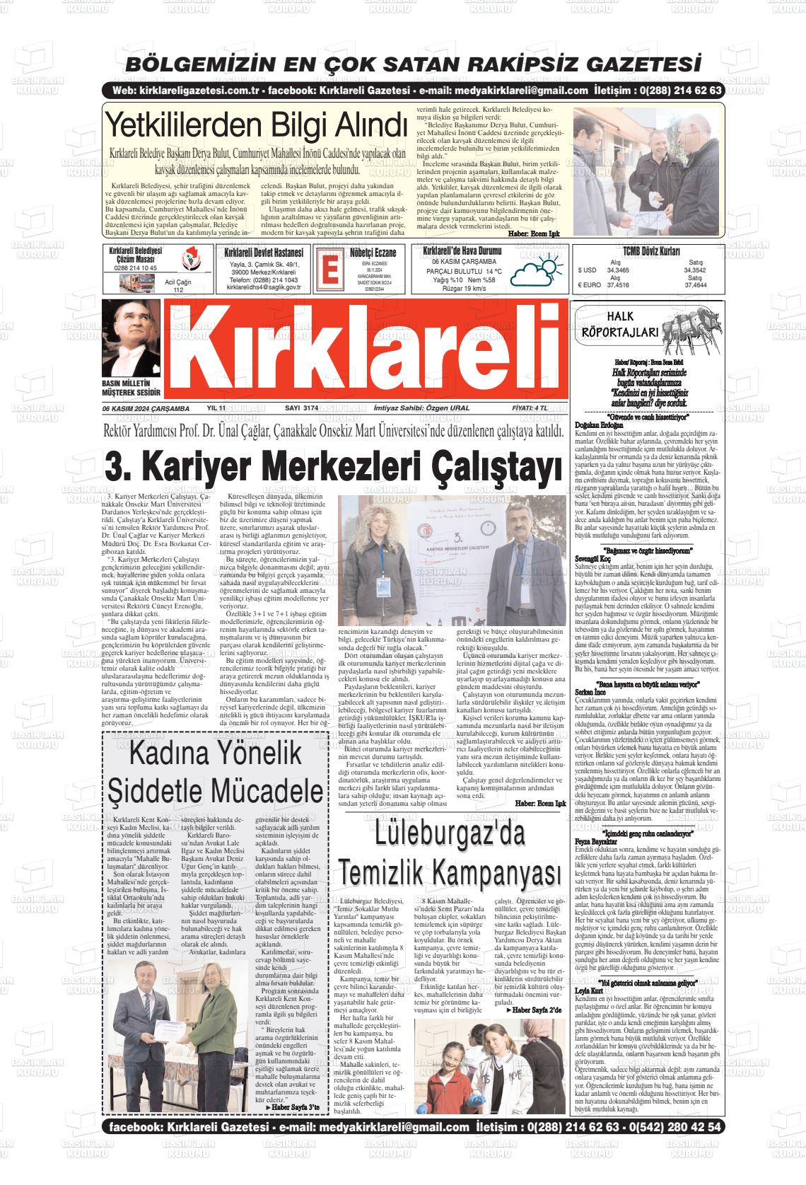 06 Kasım 2024 Kırklareli Gazete Manşeti