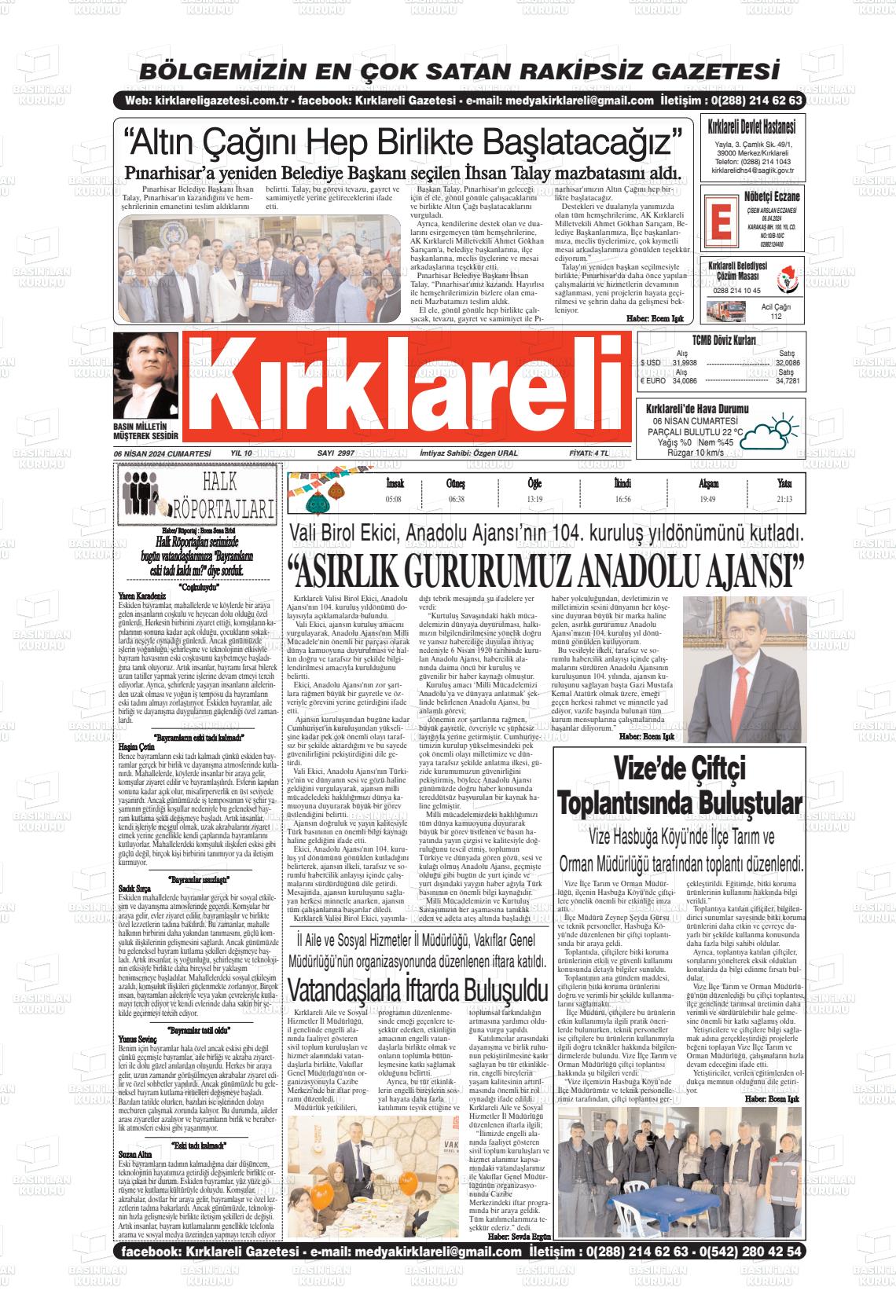 06 Nisan 2024 Kırklareli Gazete Manşeti