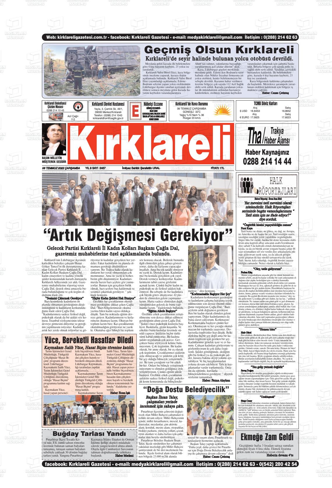 06 Temmuz 2022 Kırklareli Gazete Manşeti