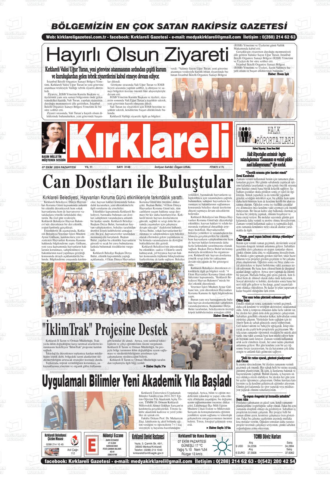 07 Ekim 2024 Kırklareli Gazete Manşeti