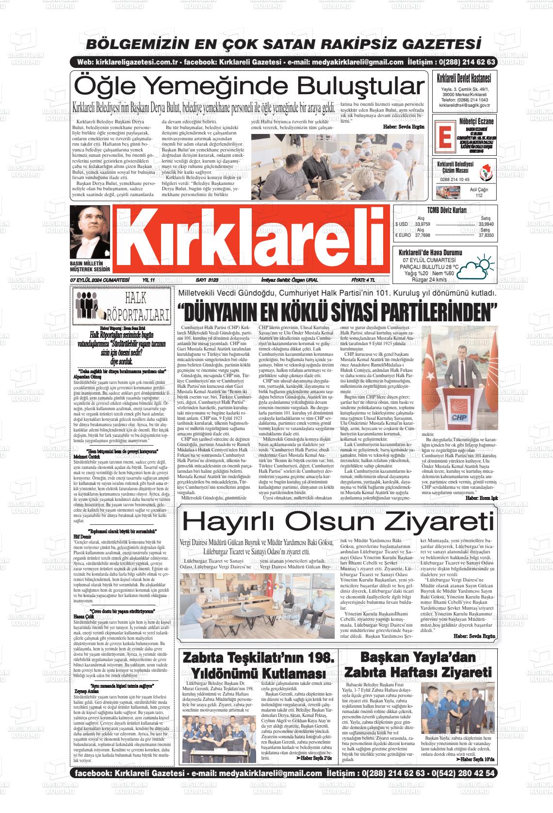 07 Eylül 2024 Kırklareli Gazete Manşeti