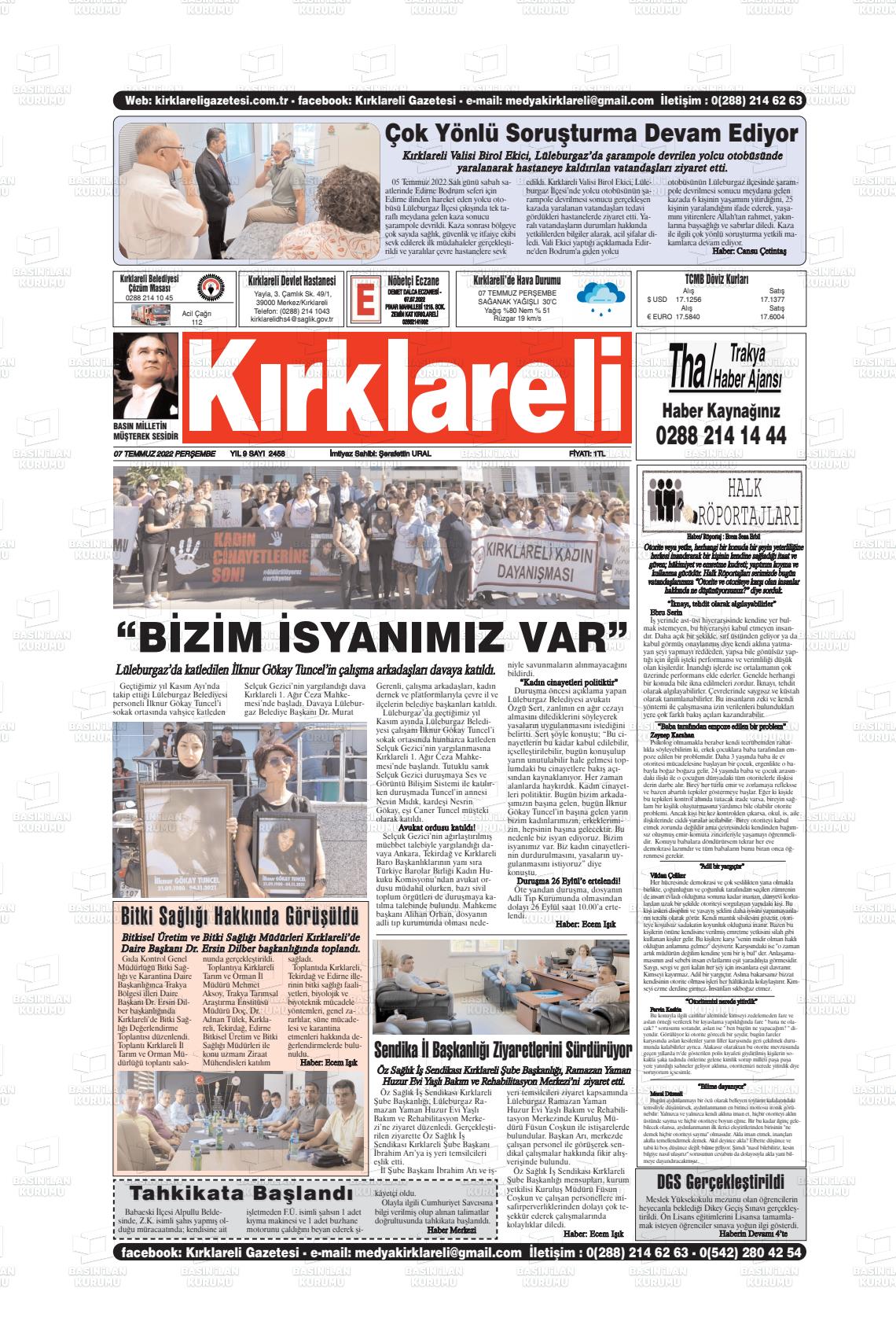 07 Temmuz 2022 Kırklareli Gazete Manşeti