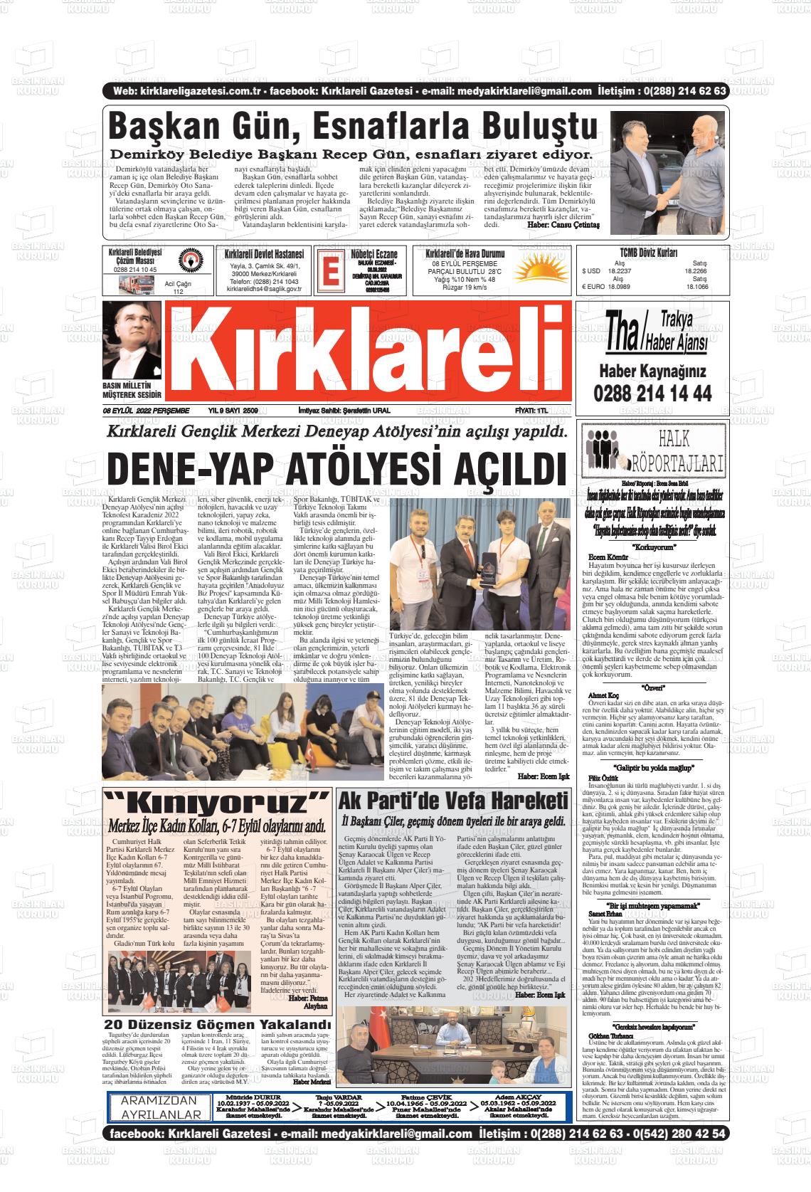 08 Eylül 2022 Kırklareli Gazete Manşeti