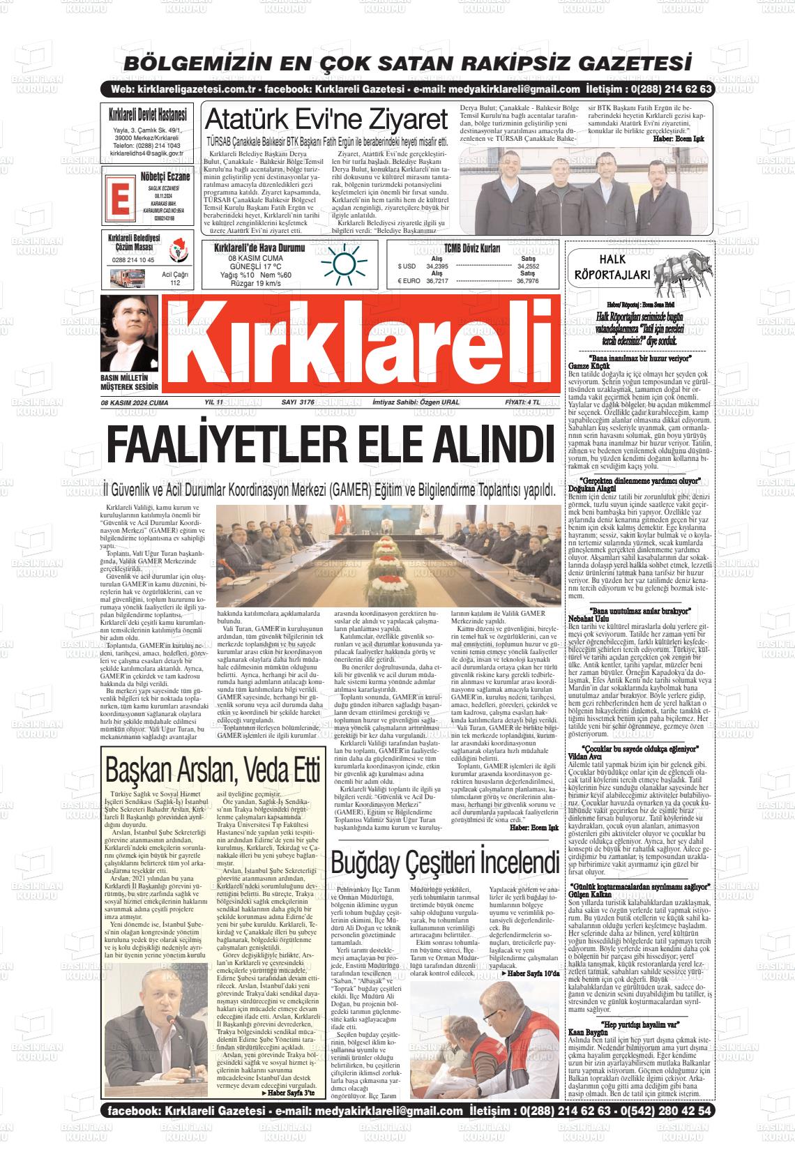 08 Kasım 2024 Kırklareli Gazete Manşeti