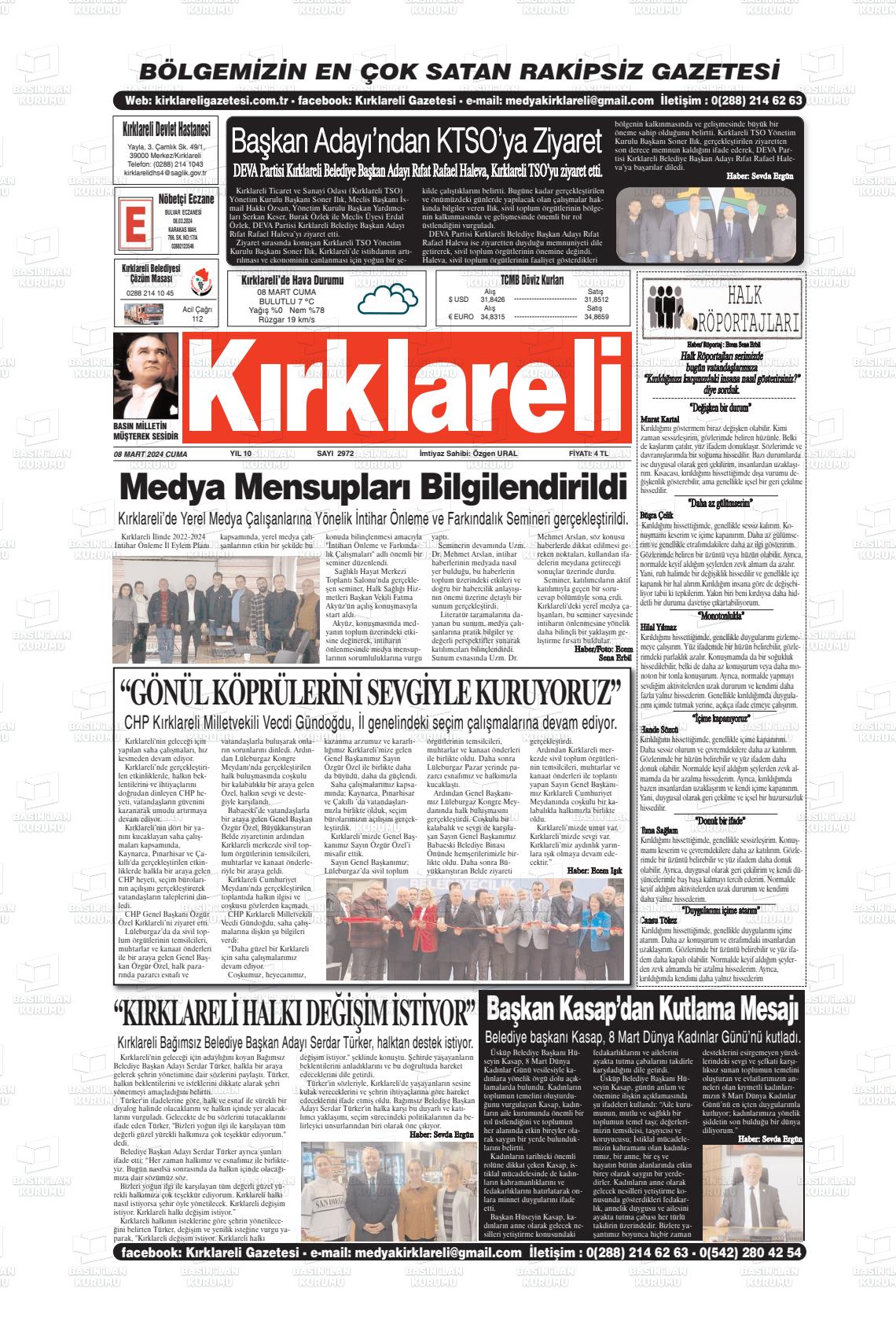 08 Mart 2024 Kırklareli Gazete Manşeti