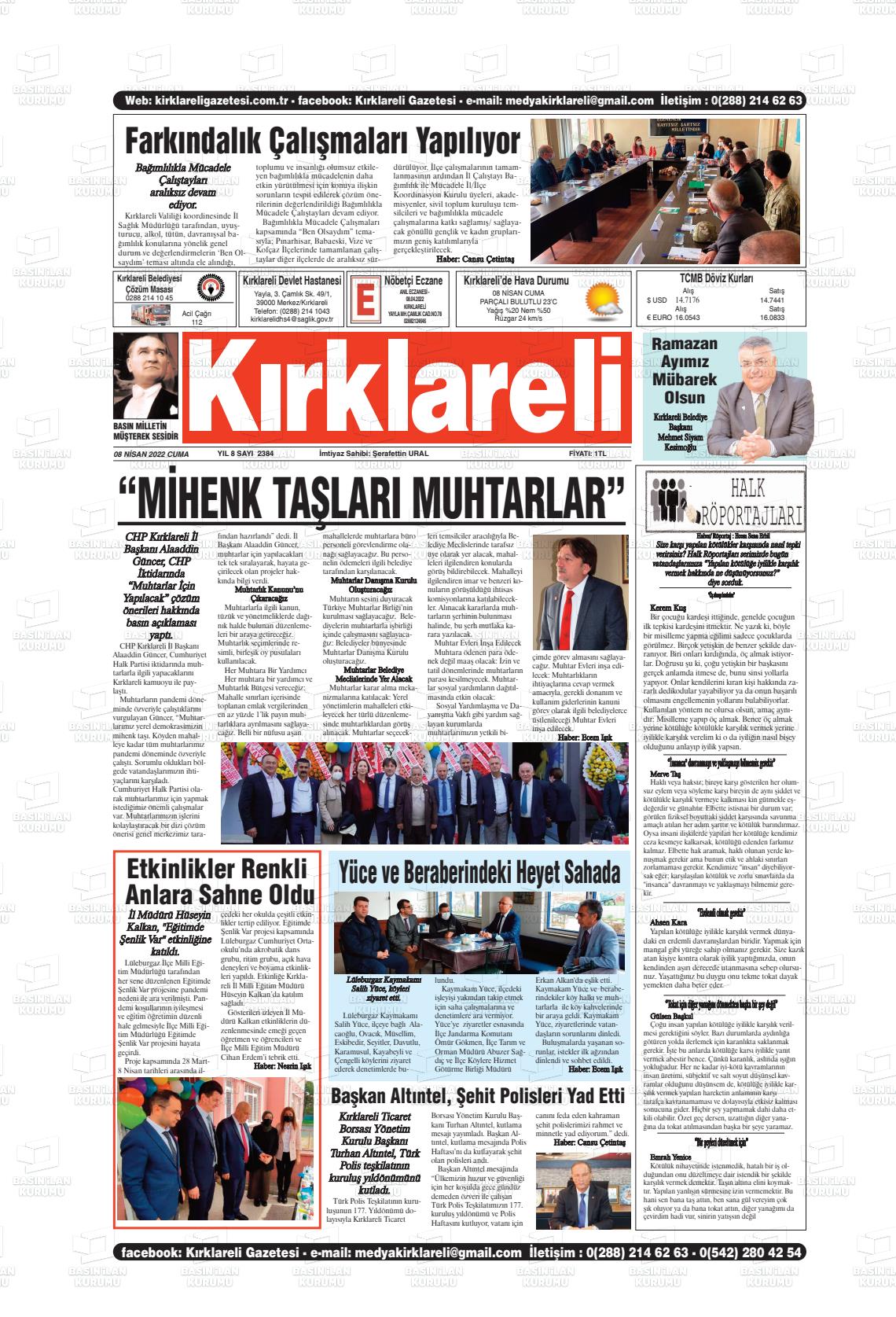 08 Nisan 2022 Kırklareli Gazete Manşeti