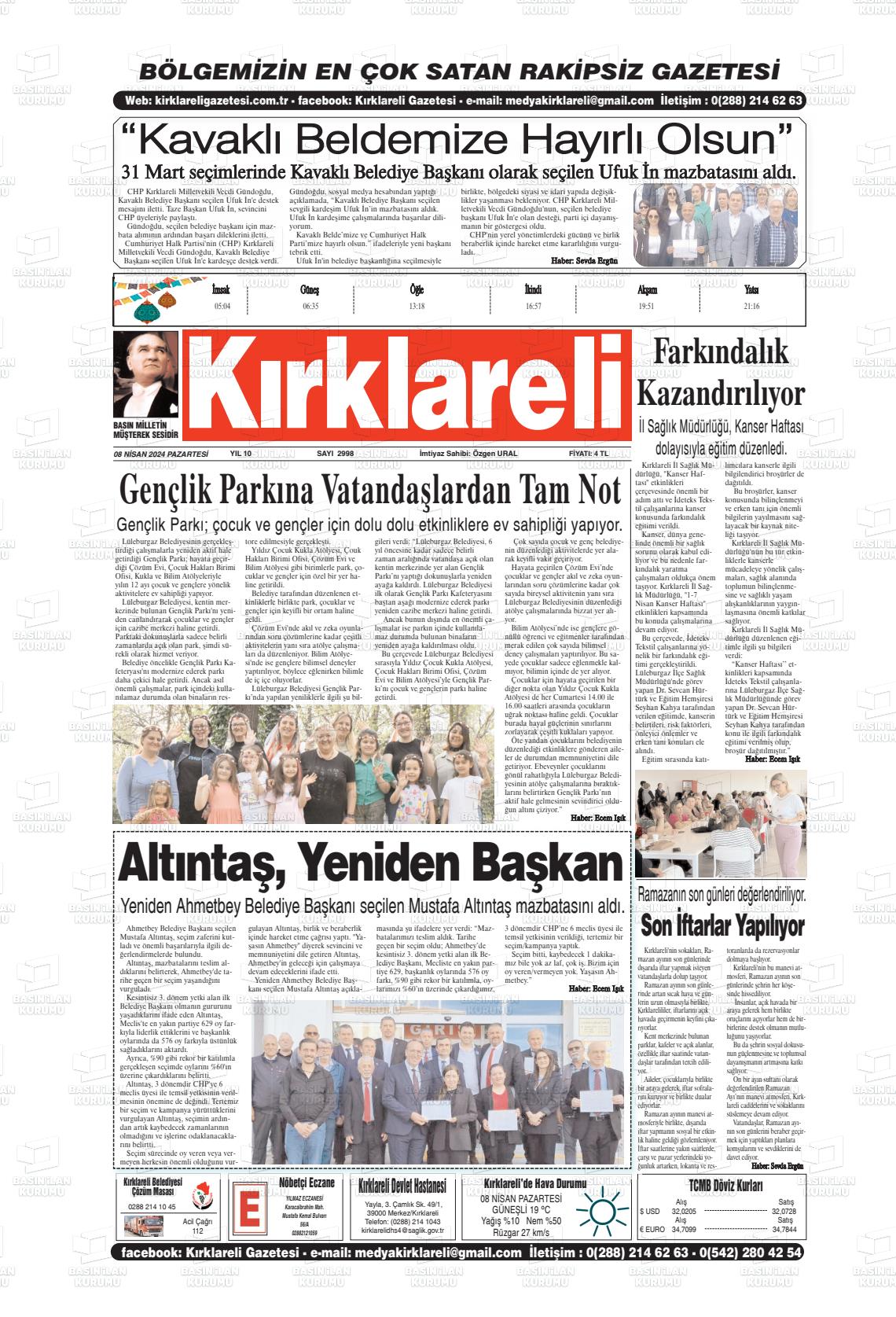 08 Nisan 2024 Kırklareli Gazete Manşeti