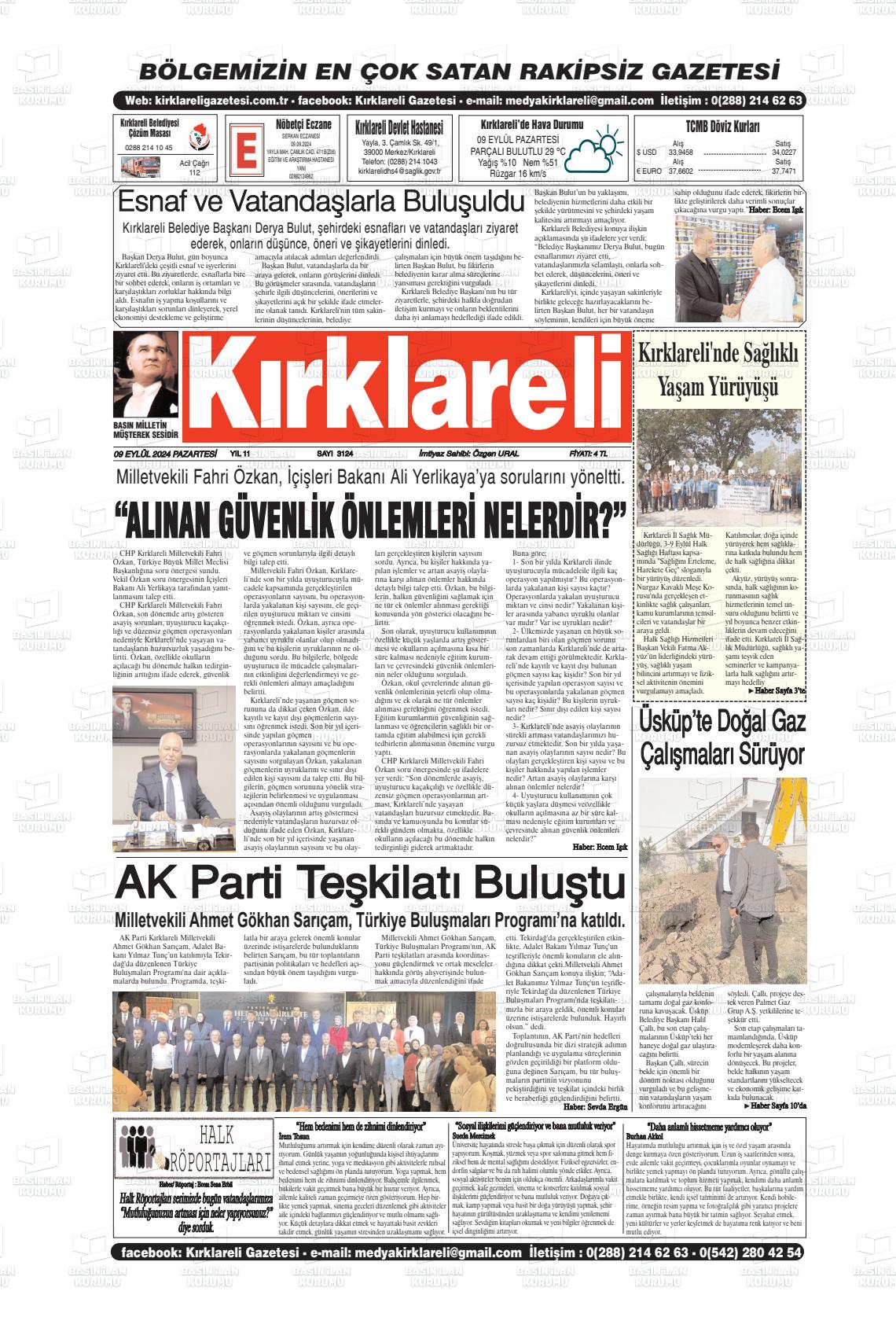 09 Eylül 2024 Kırklareli Gazete Manşeti