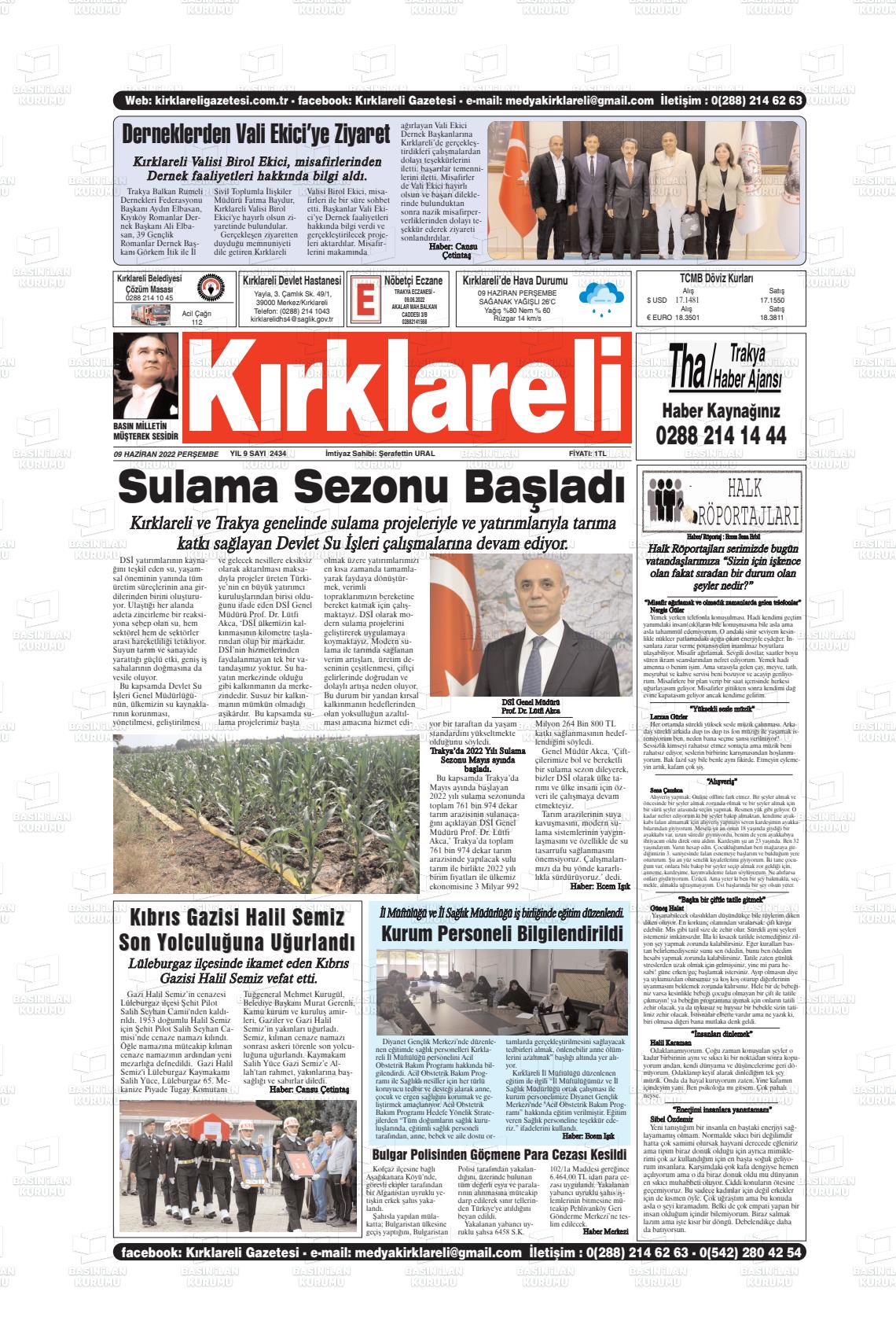 09 Haziran 2022 Kırklareli Gazete Manşeti