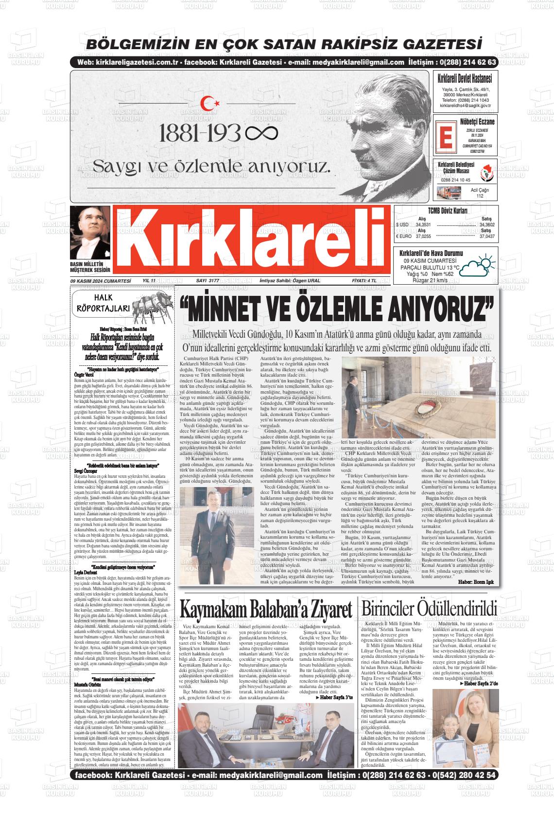 09 Kasım 2024 Kırklareli Gazete Manşeti