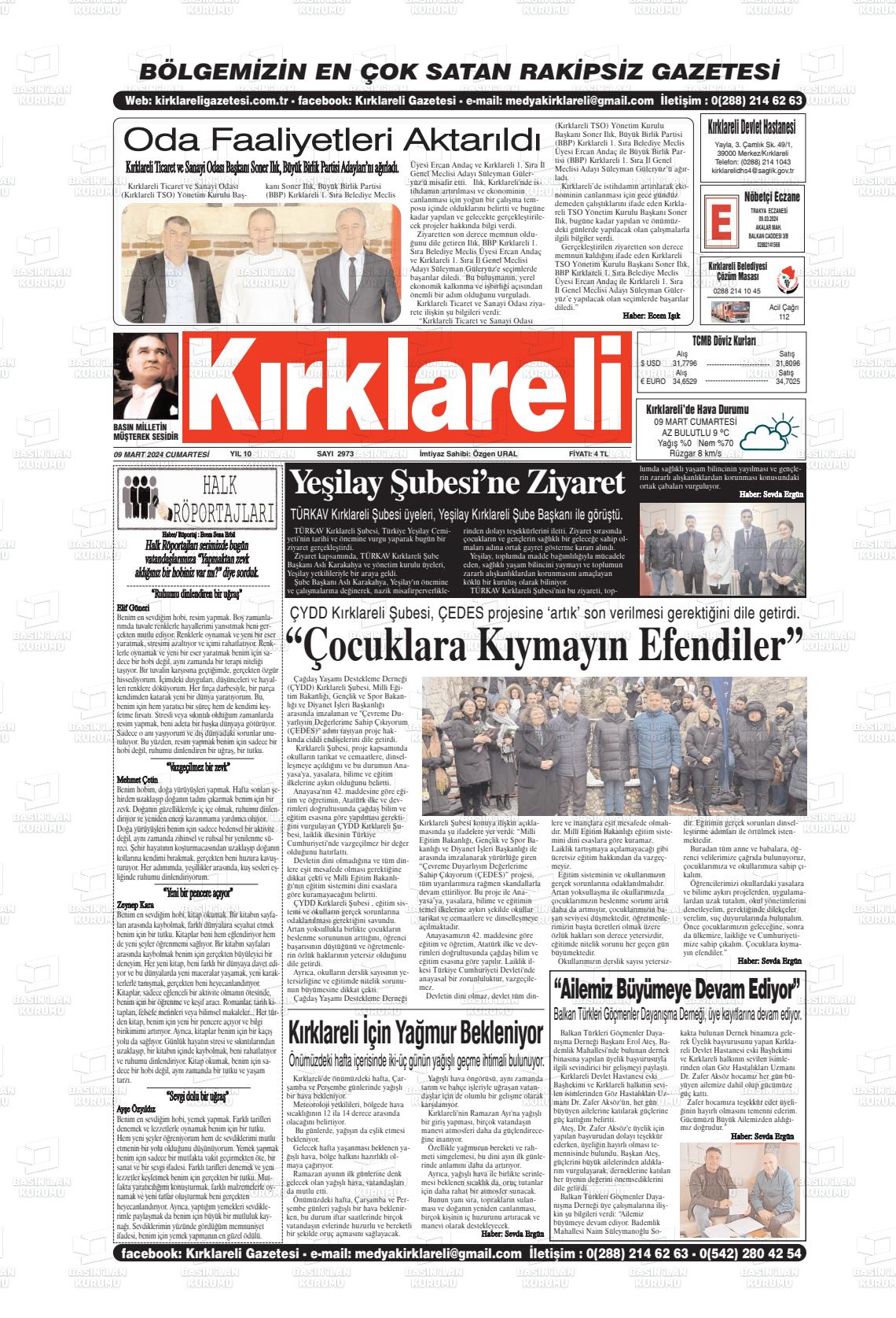 09 Mart 2024 Kırklareli Gazete Manşeti