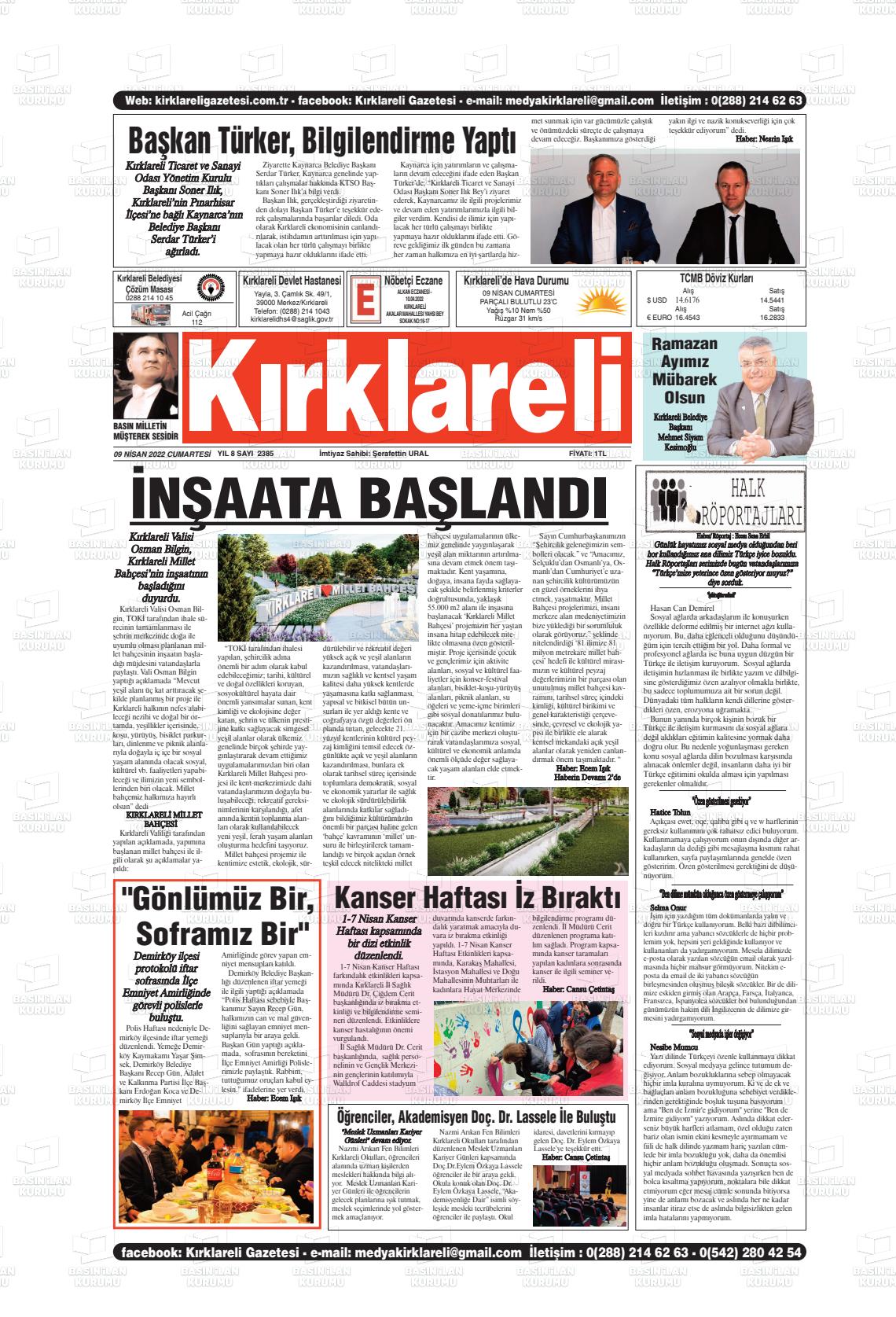 09 Nisan 2022 Kırklareli Gazete Manşeti