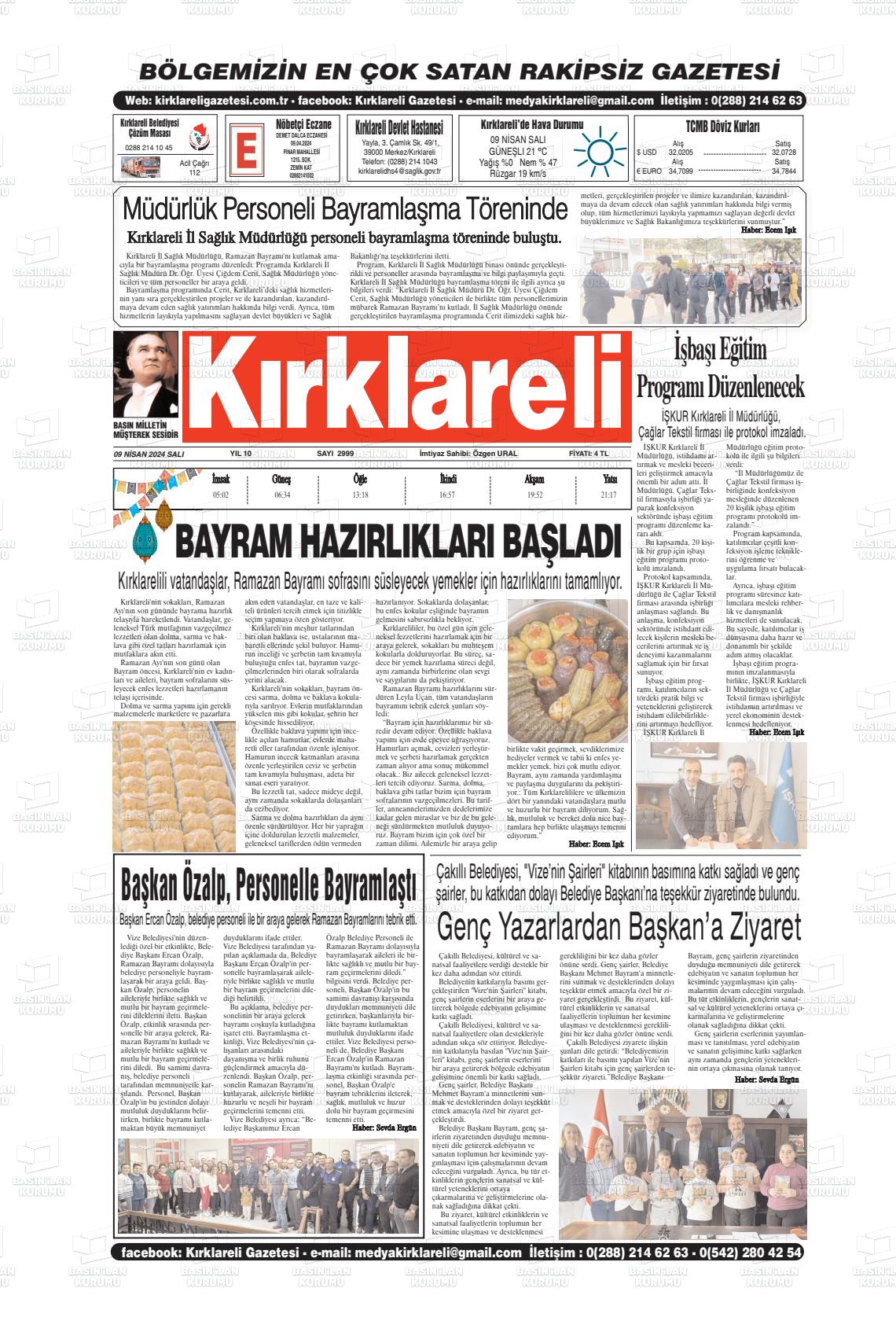 09 Nisan 2024 Kırklareli Gazete Manşeti