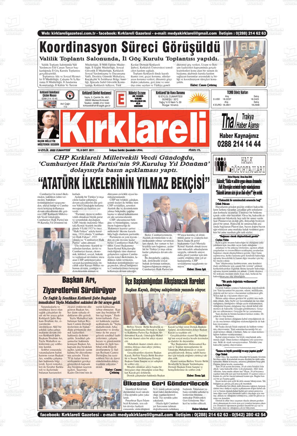 10 Eylül 2022 Kırklareli Gazete Manşeti