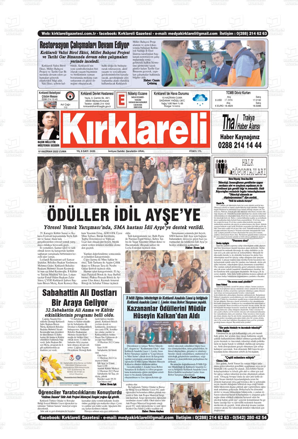 10 Haziran 2022 Kırklareli Gazete Manşeti