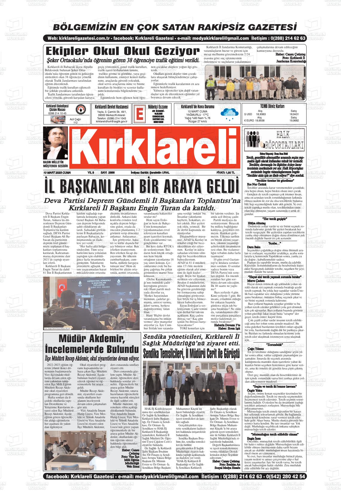 10 Mart 2023 Kırklareli Gazete Manşeti