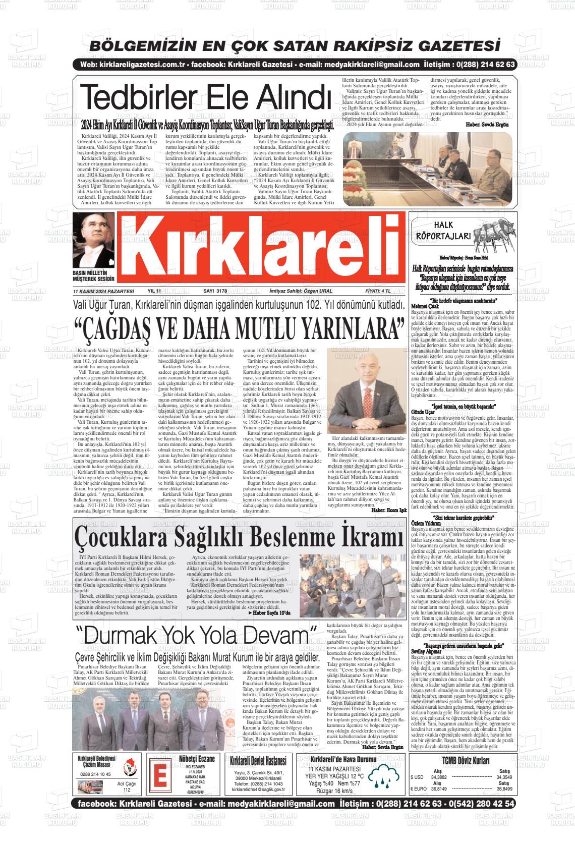 11 Kasım 2024 Kırklareli Gazete Manşeti