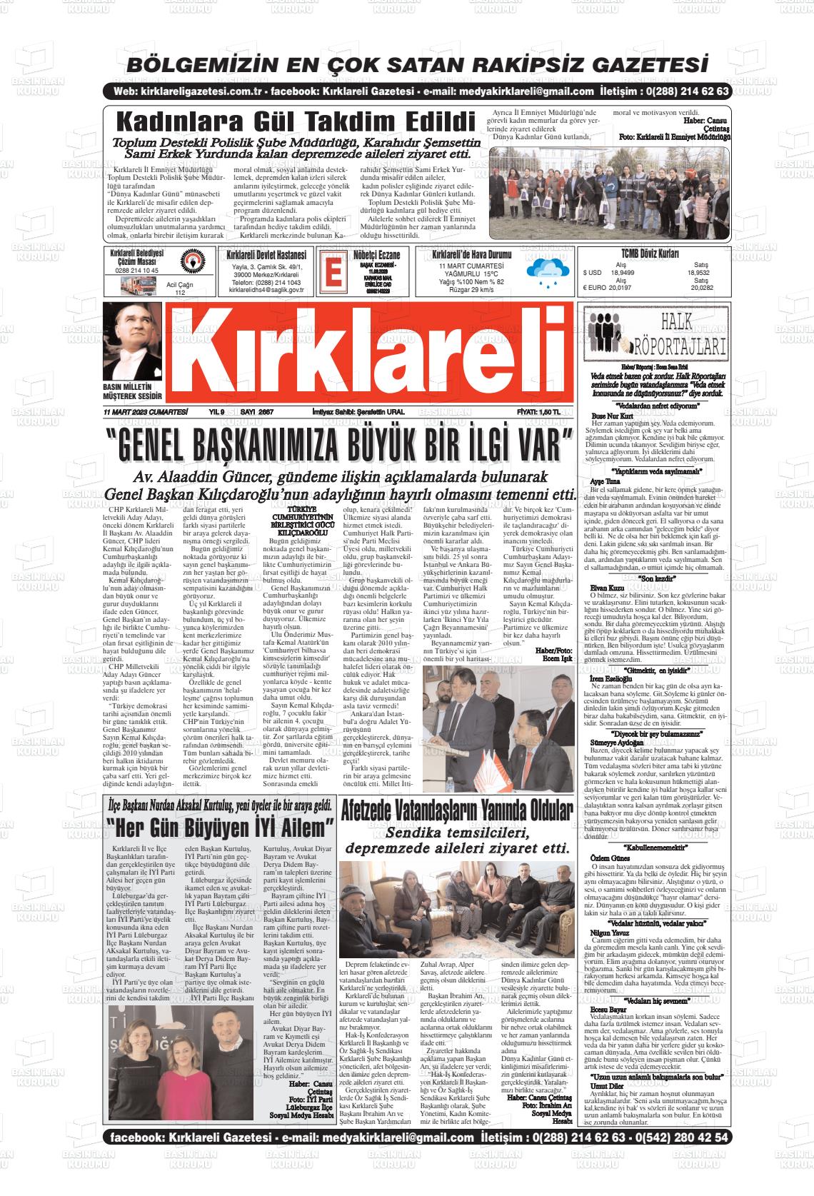 11 Mart 2023 Kırklareli Gazete Manşeti