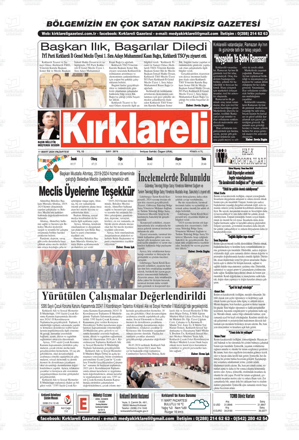 11 Mart 2024 Kırklareli Gazete Manşeti