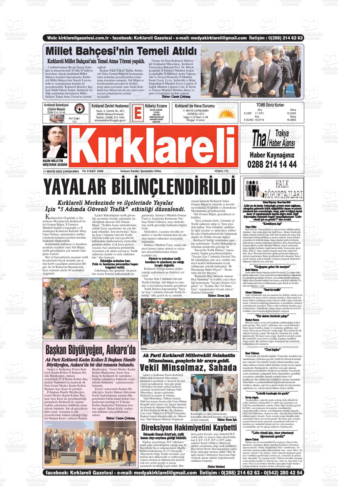 11 Mayıs 2022 Kırklareli Gazete Manşeti