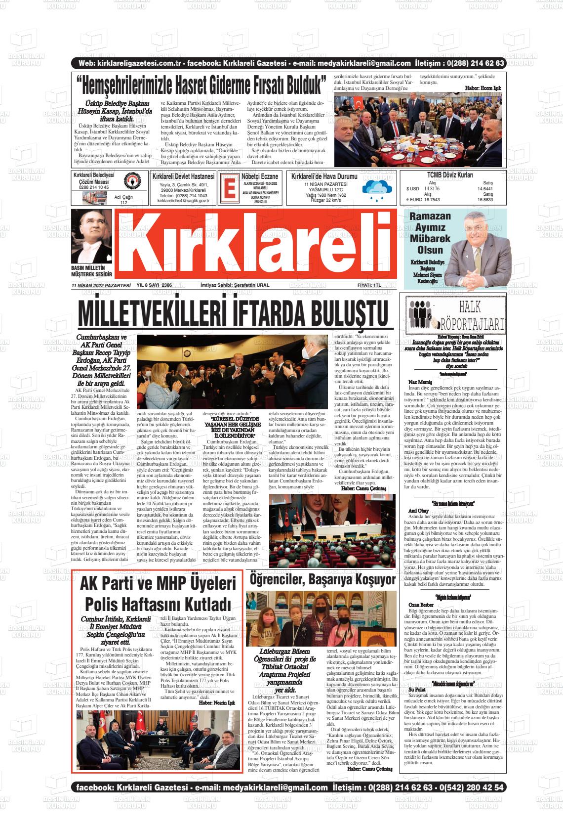 11 Nisan 2022 Kırklareli Gazete Manşeti