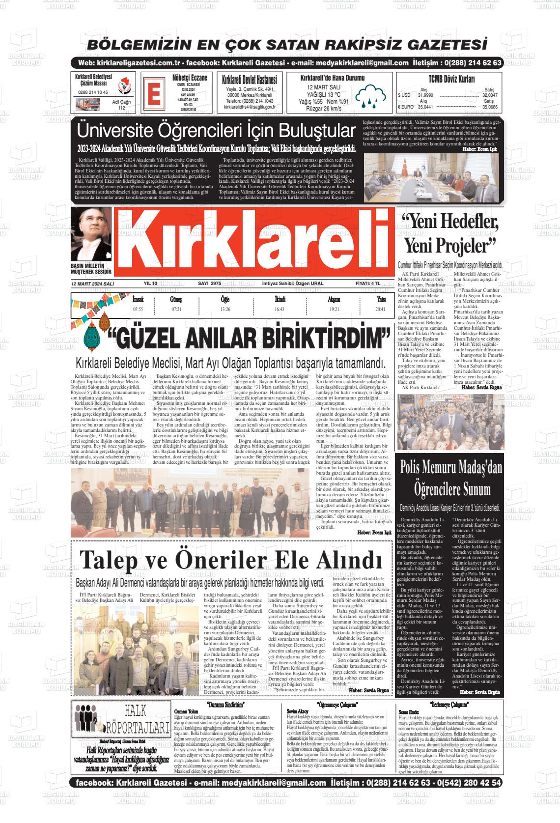 12 Mart 2024 Kırklareli Gazete Manşeti