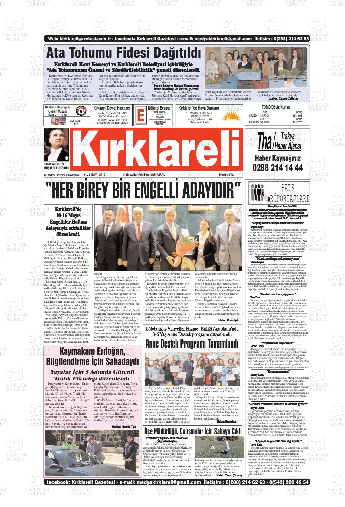 12 Mayıs 2022 Kırklareli Gazete Manşeti