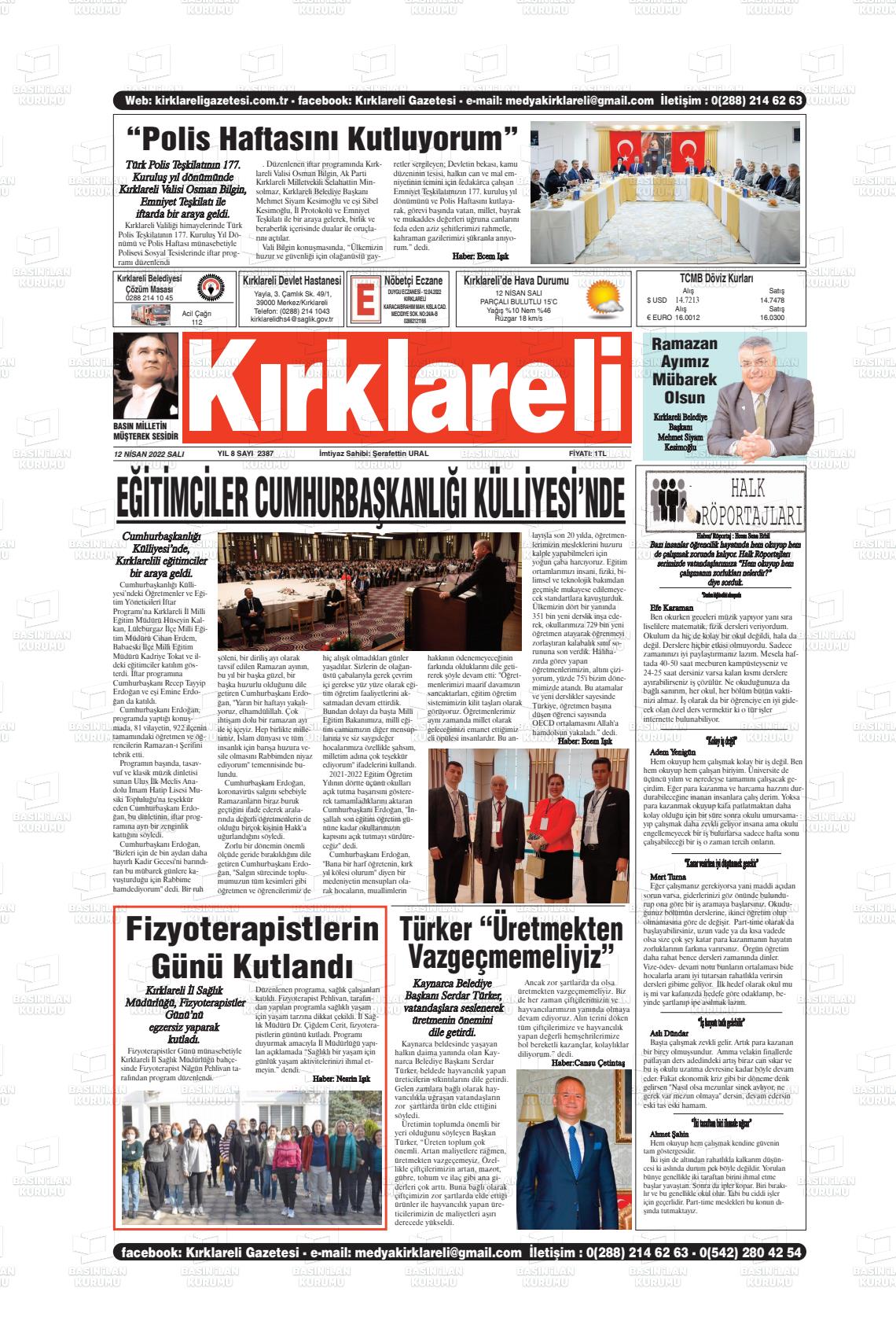 12 Nisan 2022 Kırklareli Gazete Manşeti